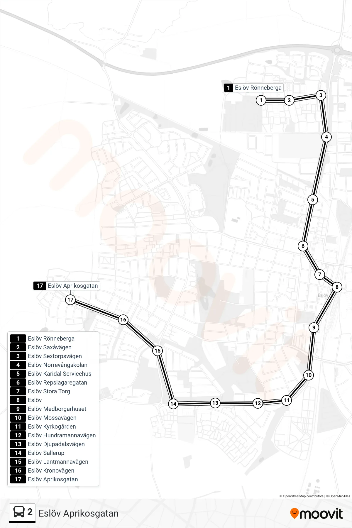 Rutt och hållplatser på karta för linje 2  buss, (Eslöv Aprikosgatan)