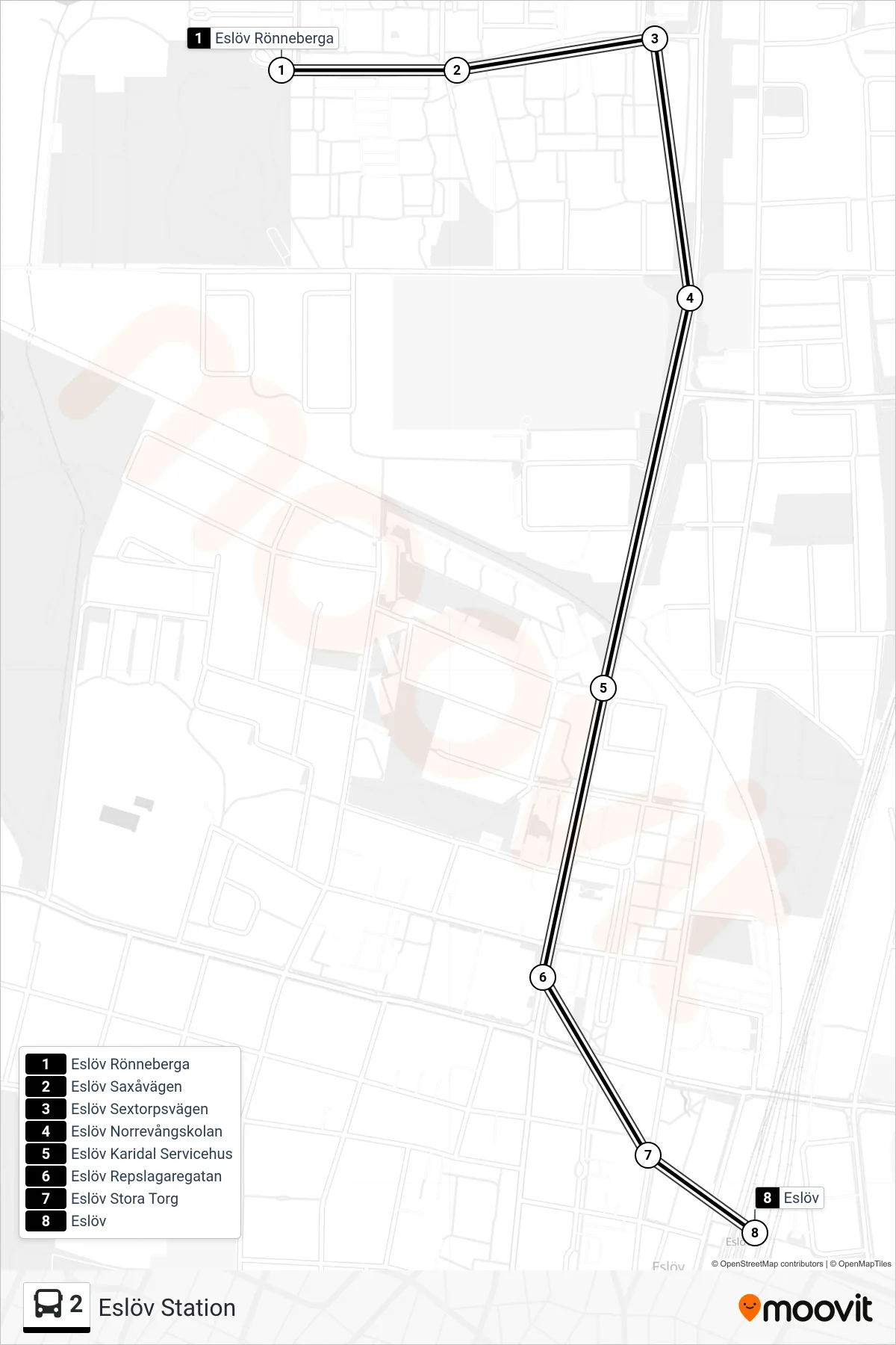 Rutt och hållplatser på karta för linje 2 buss, (Eslöv Station)