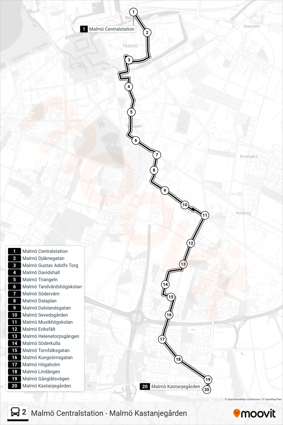 Rutt och hållplatser på karta för linje 2 buss, (Malmö Kastanjegården)
