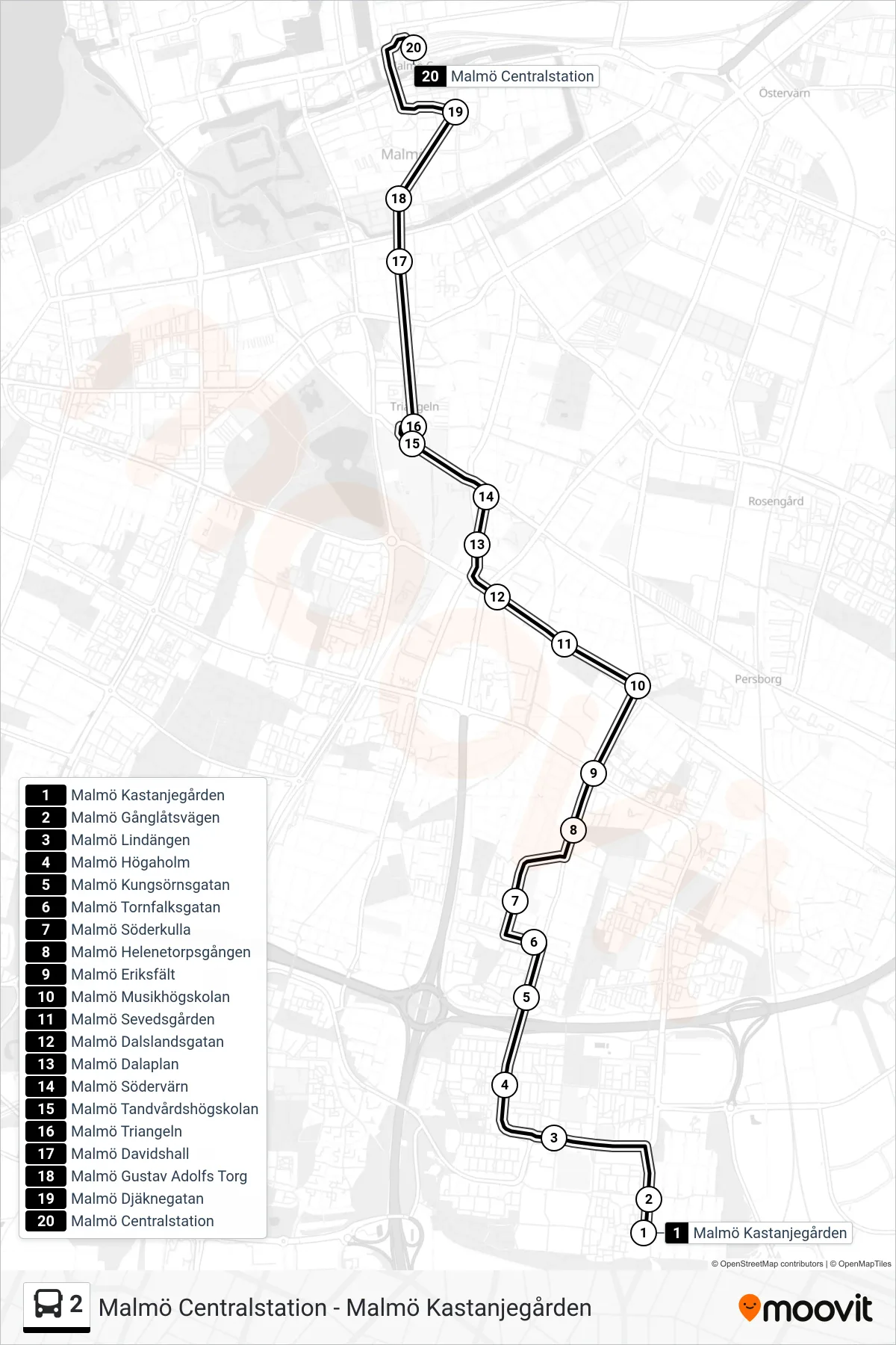 Rutt och hållplatser på karta för linje 2  buss, (Malmö Centralstation)