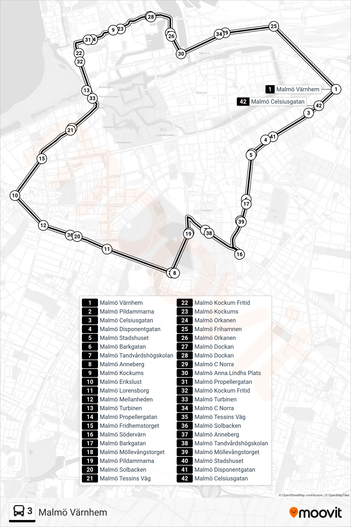 Rutt och hållplatser på karta för linje 3 buss, (Malmö Värnhem)