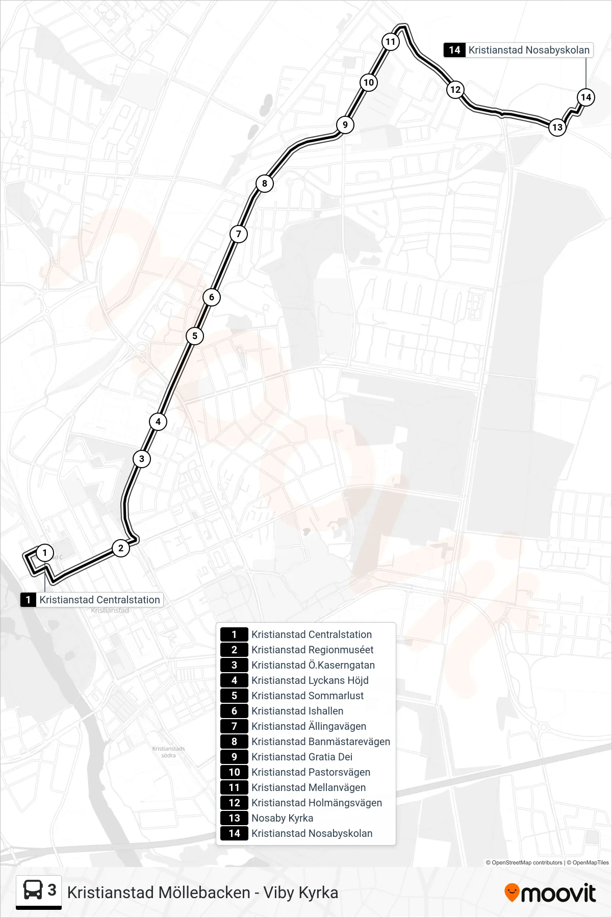 Rutt och hållplatser på karta för linje 3 buss, (Kristianstad Nosabyskolan)
