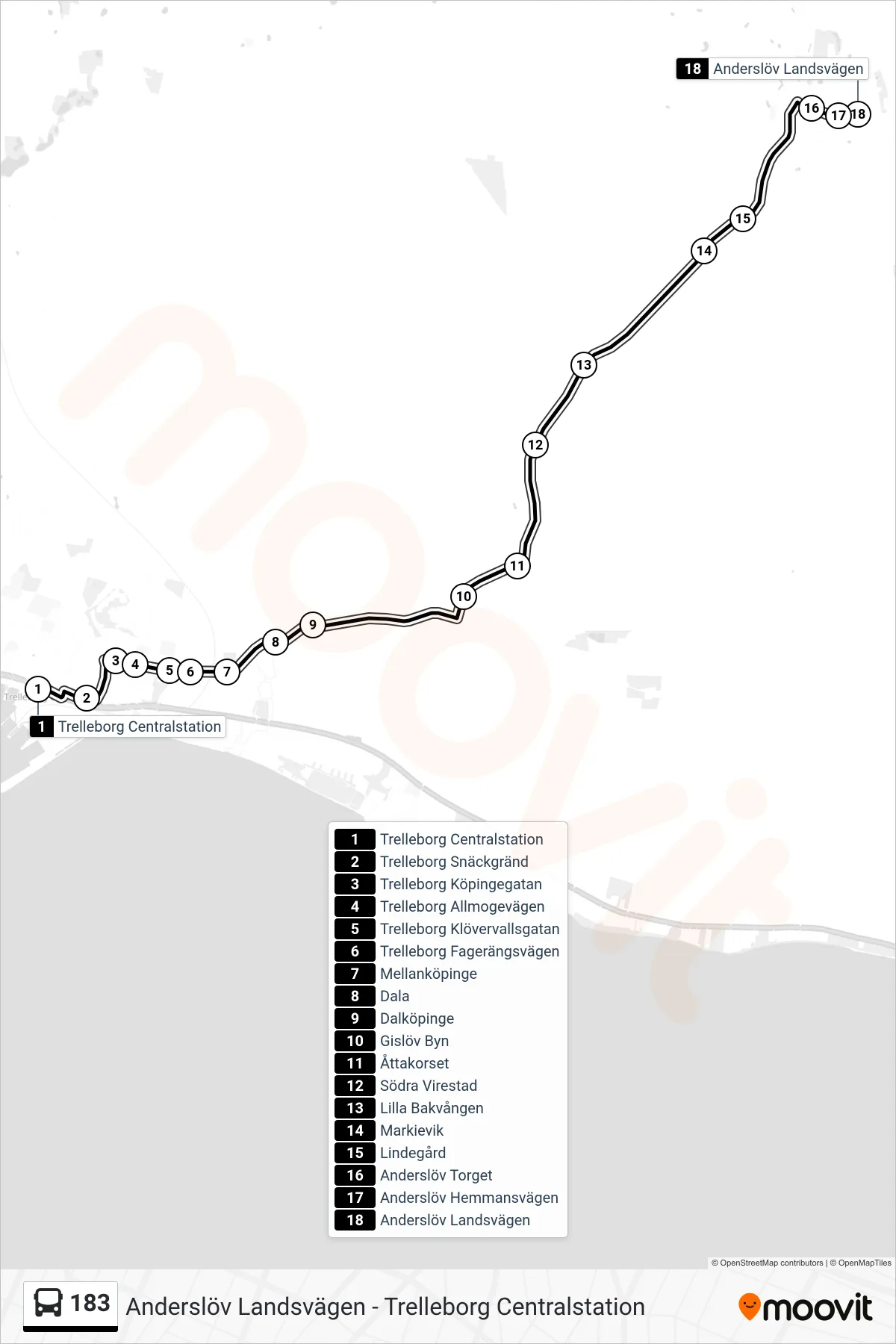 Rutt och hållplatser på karta för linje 183 buss, (Anderslöv Landsvägen)