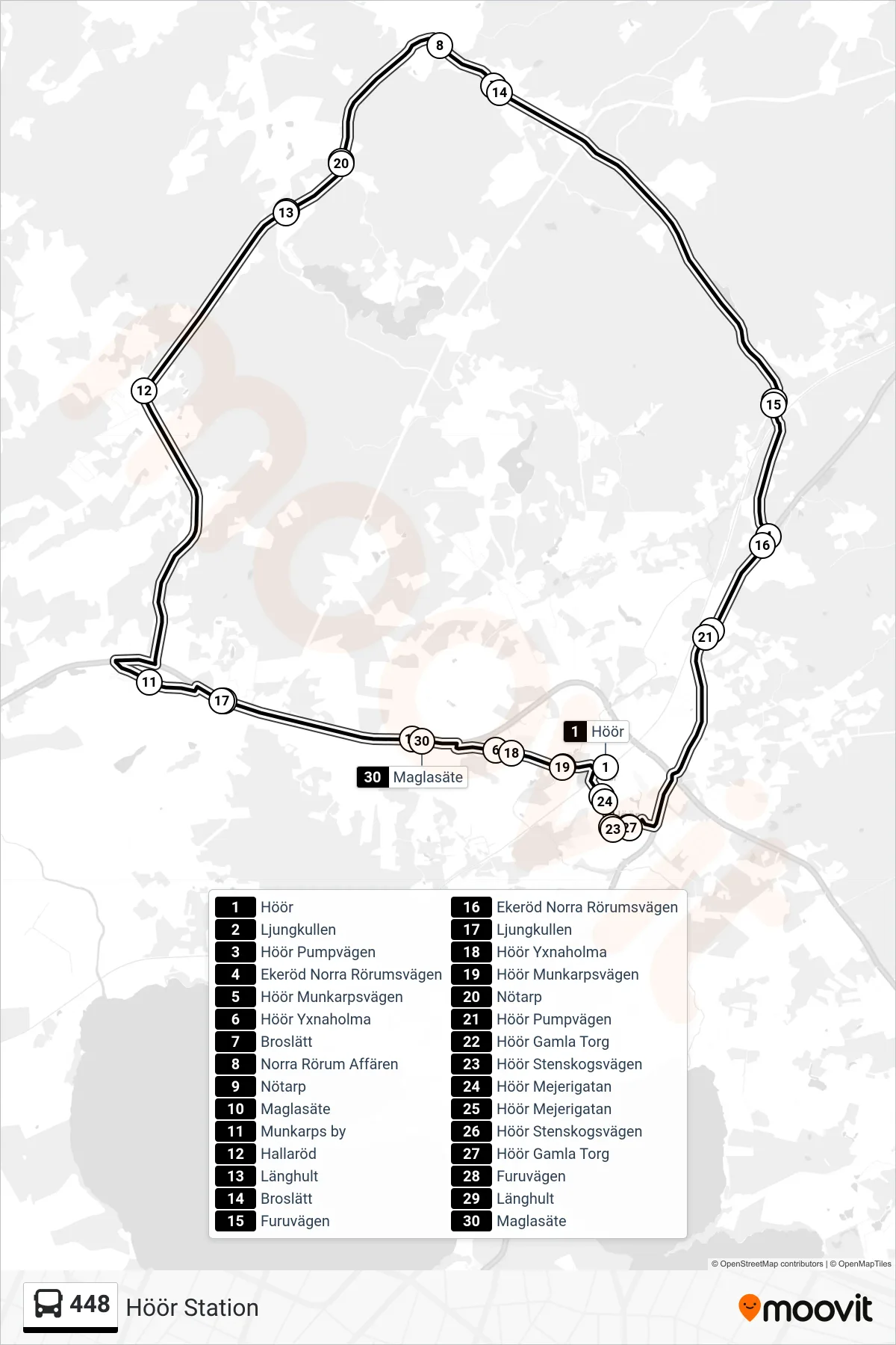 Rutt och hållplatser på karta för linje 448 buss, (Höör Station)