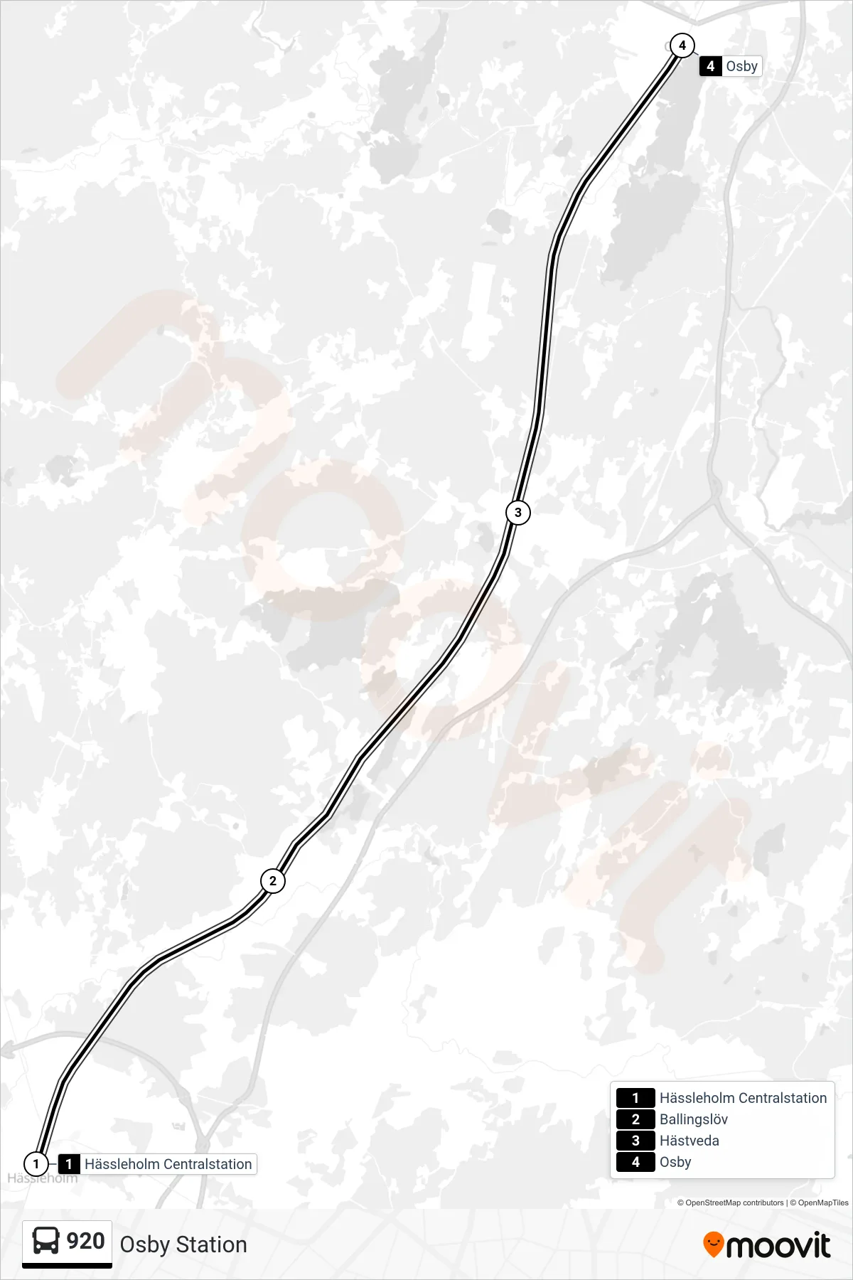 Rutt och hållplatser på karta för linje 920 buss, (Osby Station)