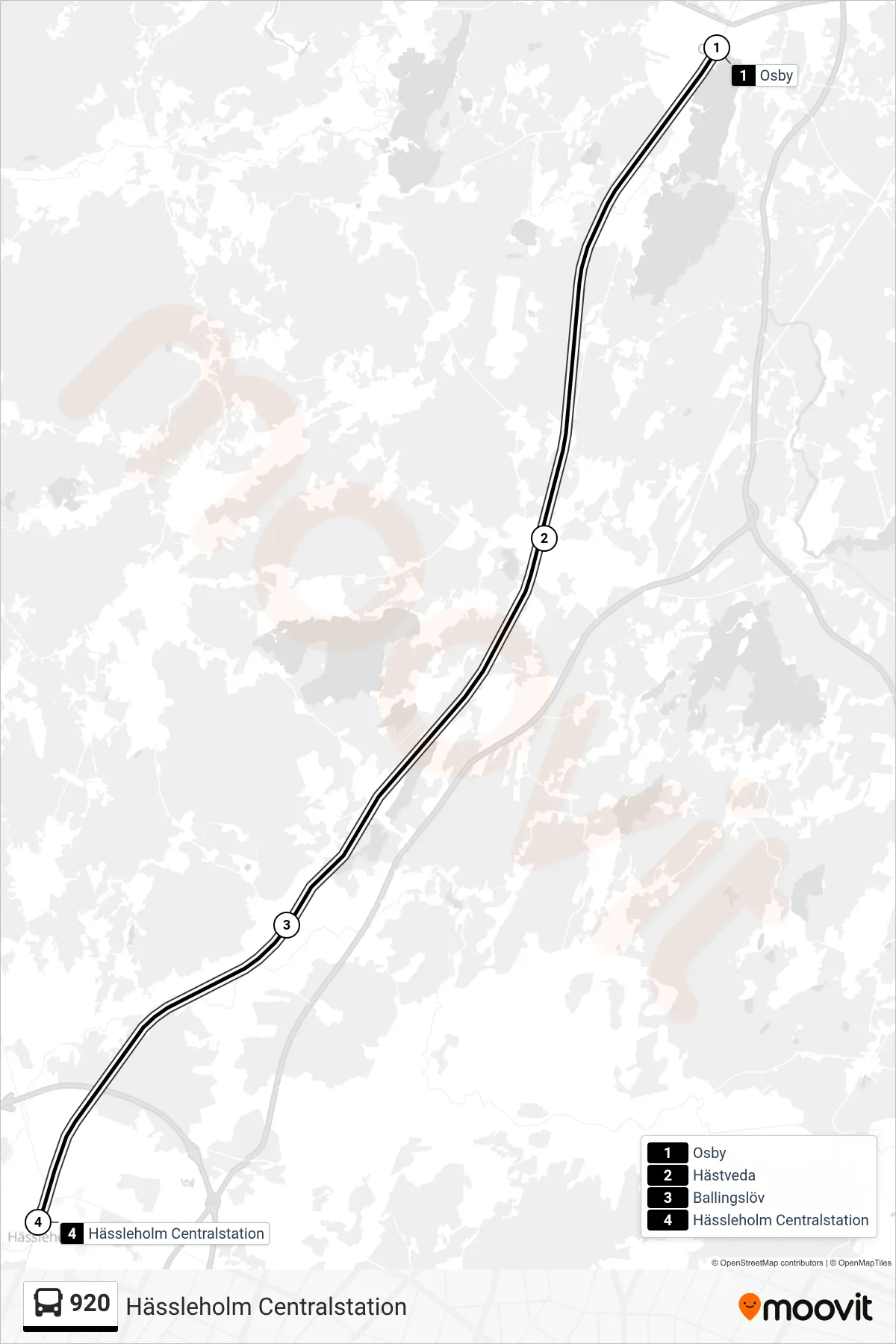 Rutt och hållplatser på karta för linje 920  buss, (Hässleholm Centralstation)