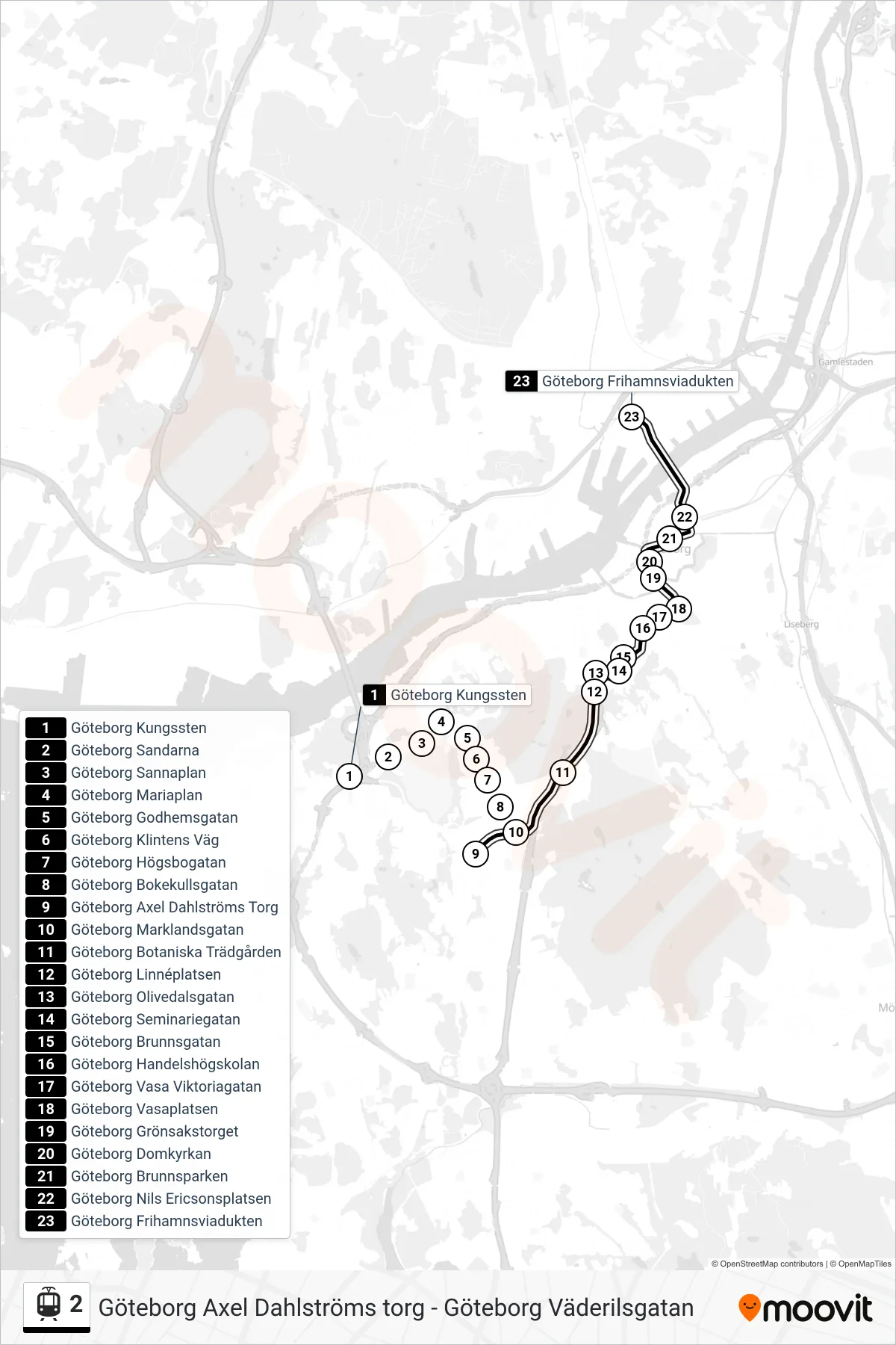 Rutt och hållplatser på karta för linje 2  spårväg, (Göteborg Frihamnsviadukten)