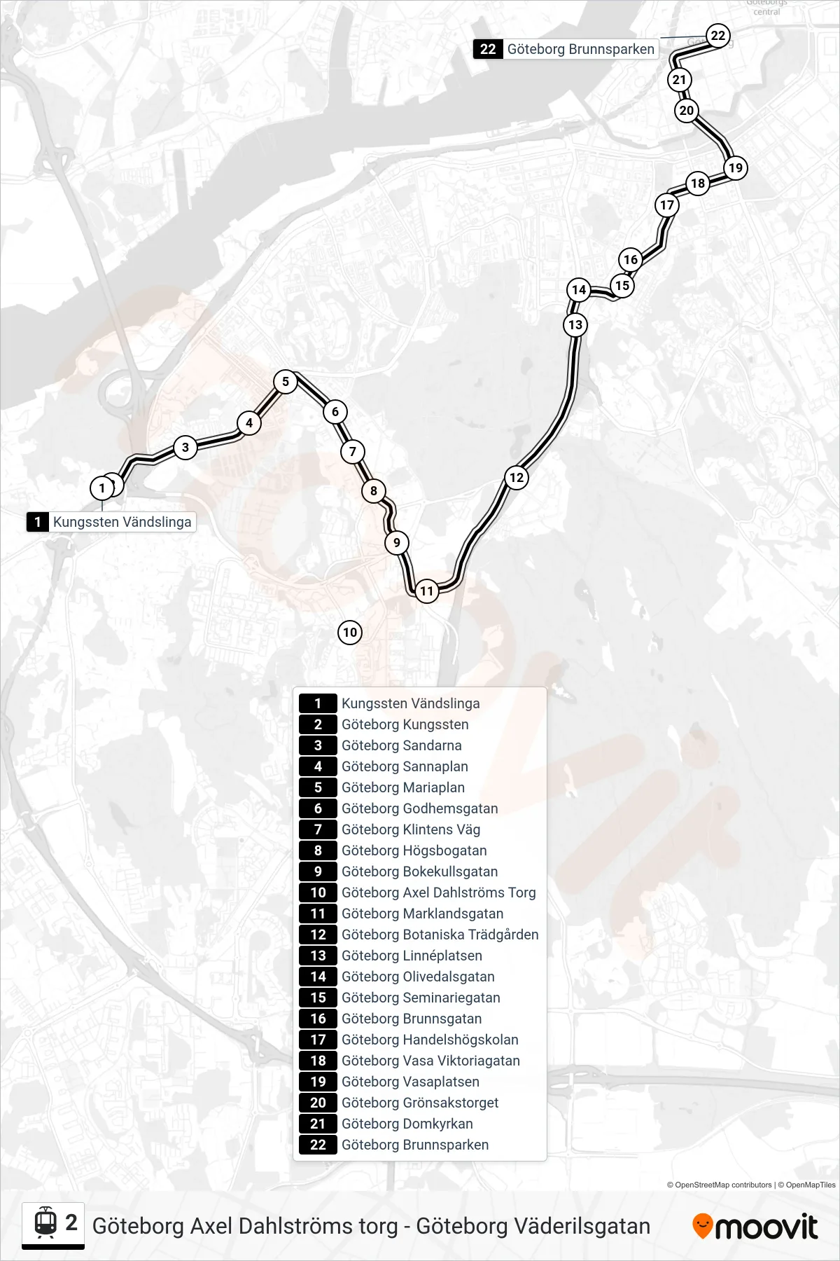 Rutt och hållplatser på karta för linje 2  spårväg, (Göteborg Brunnsparken)