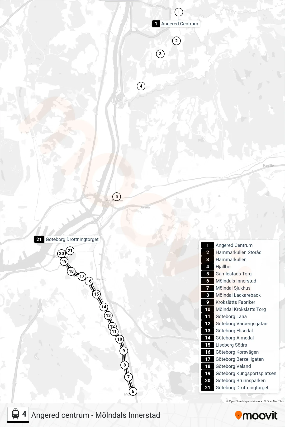 Rutt och hållplatser på karta för linje 4 spårvagn, (Göteborg Drottningtorget)