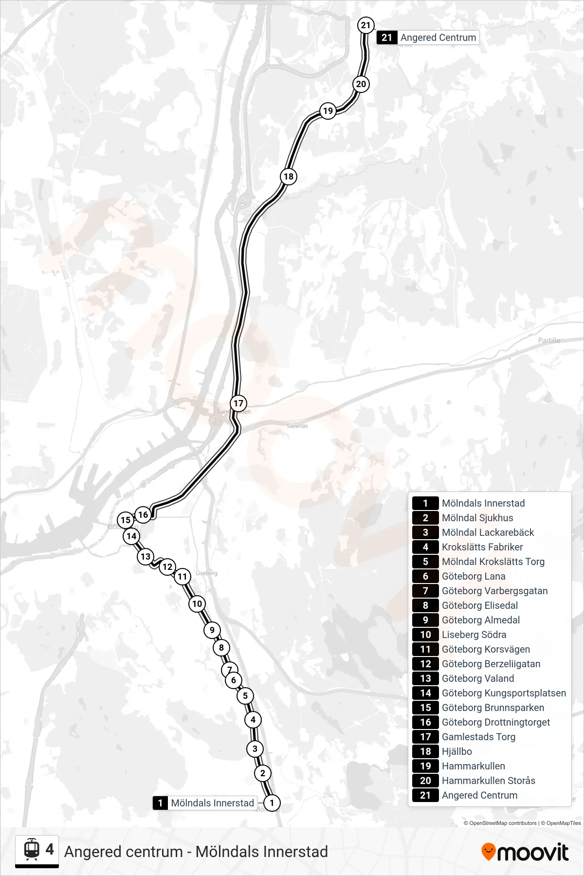Rutt och hållplatser på karta för linje 4 spårväg, (Angered Centrum)