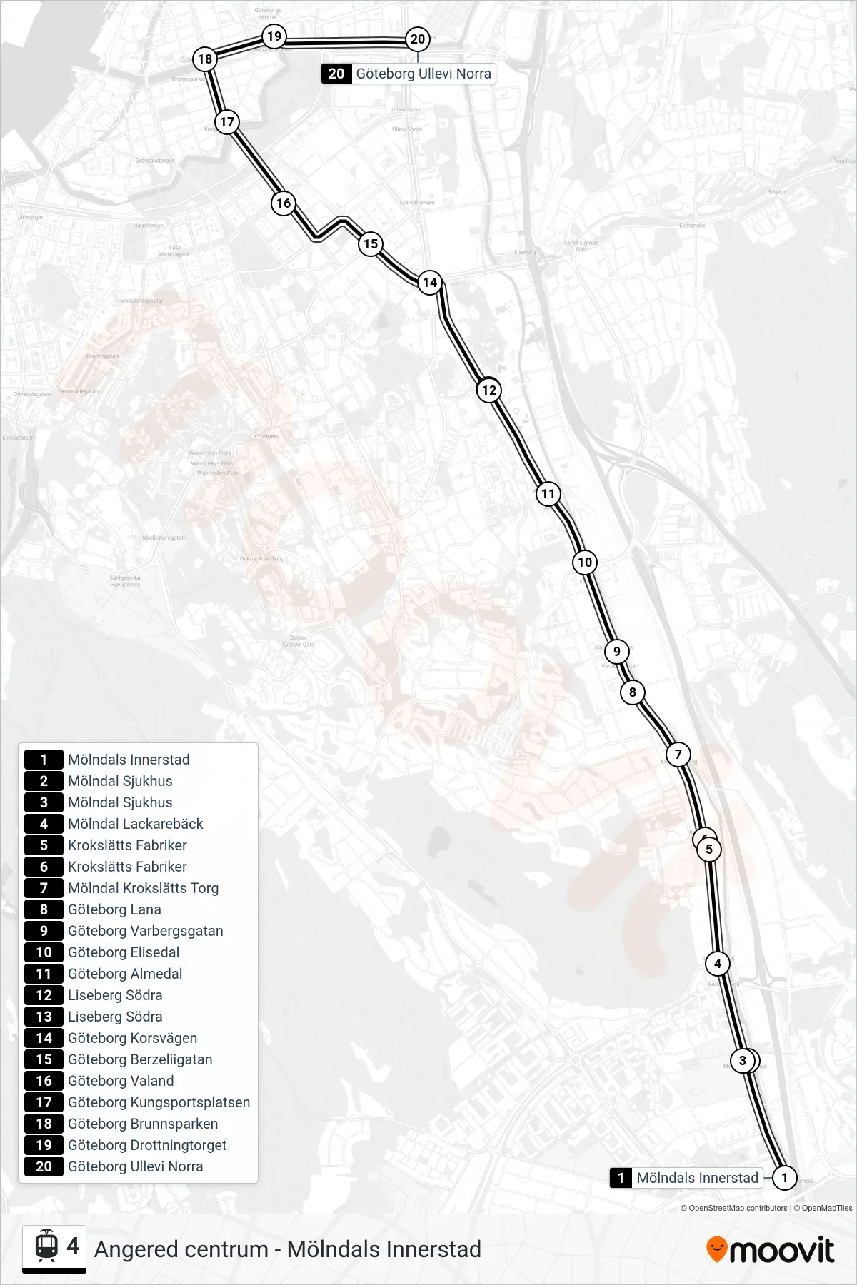 Rutt och hållplatser på karta för linje 4 spårvagn, (Göteborg Ullevi Norra)