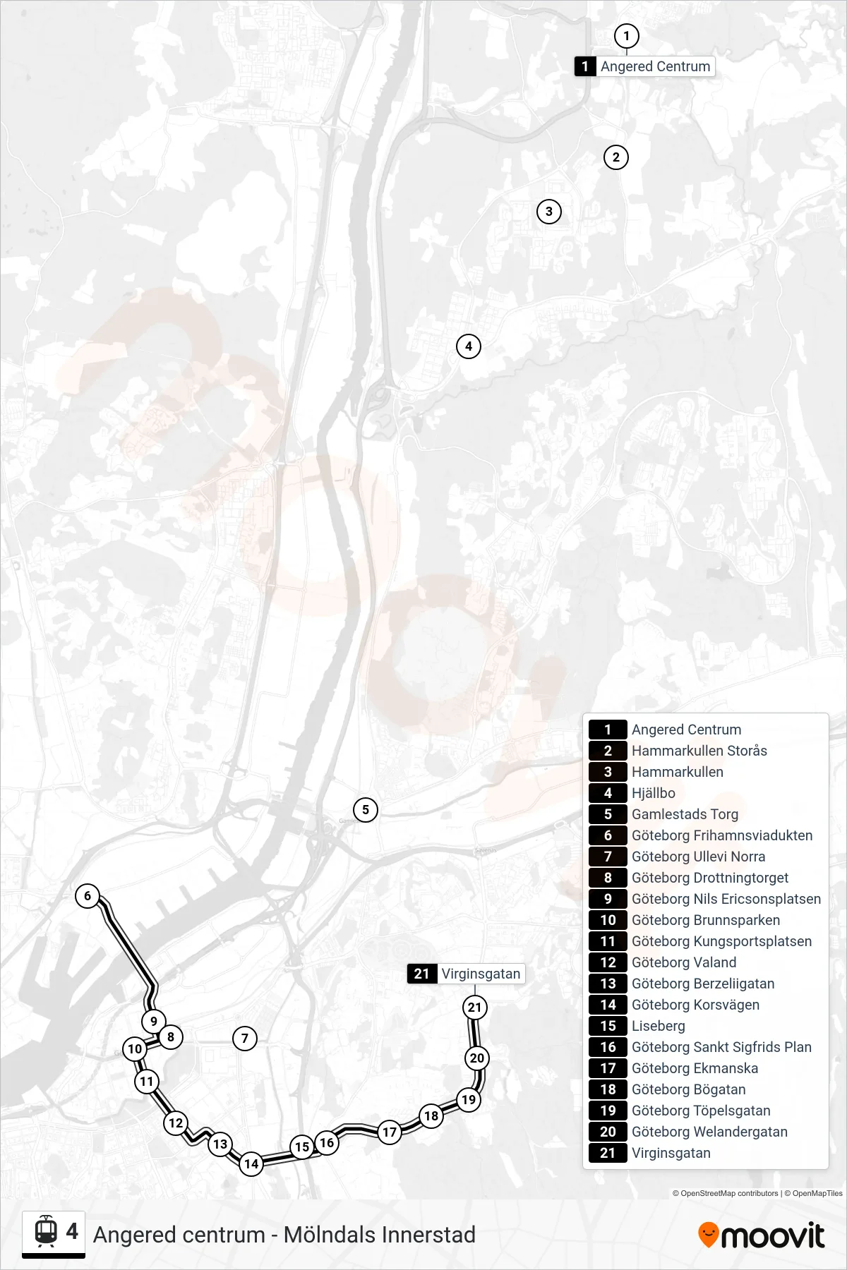 4 light rail Line (Virginsgatan) route and stops on a map