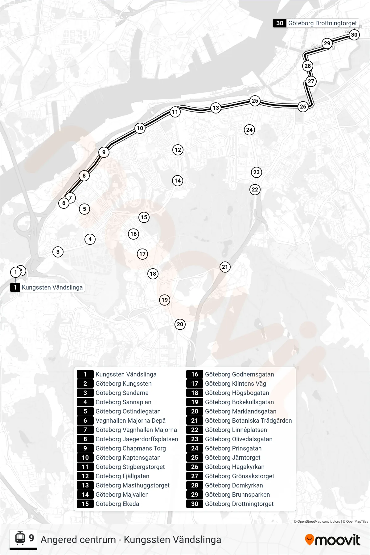 Rutt och hållplatser på karta för linje 9 spårväg, (Göteborg Drottningtorget)