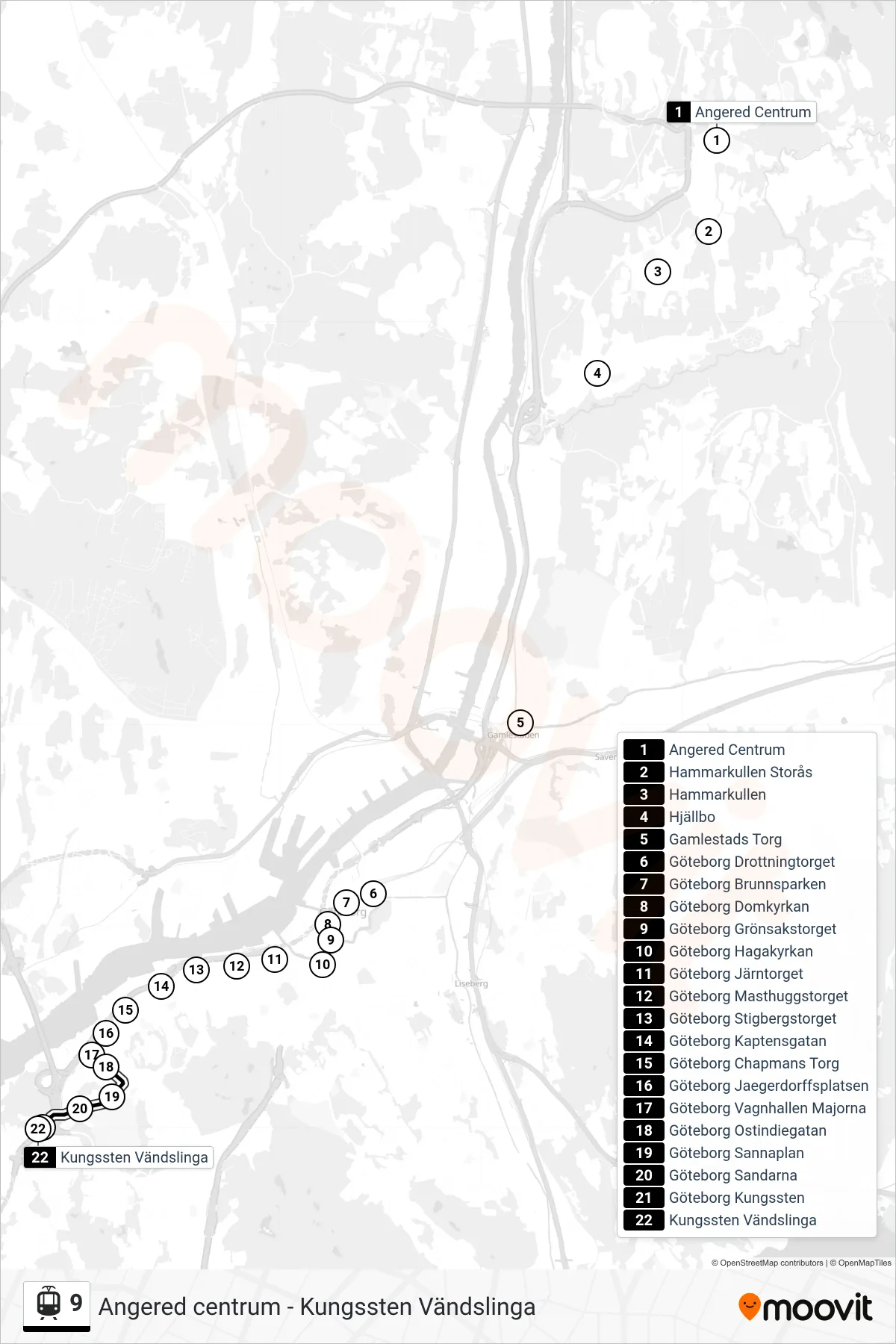 Rutt och hållplatser på karta för linje 9  spårvagn, (Kungssten Vändslinga)