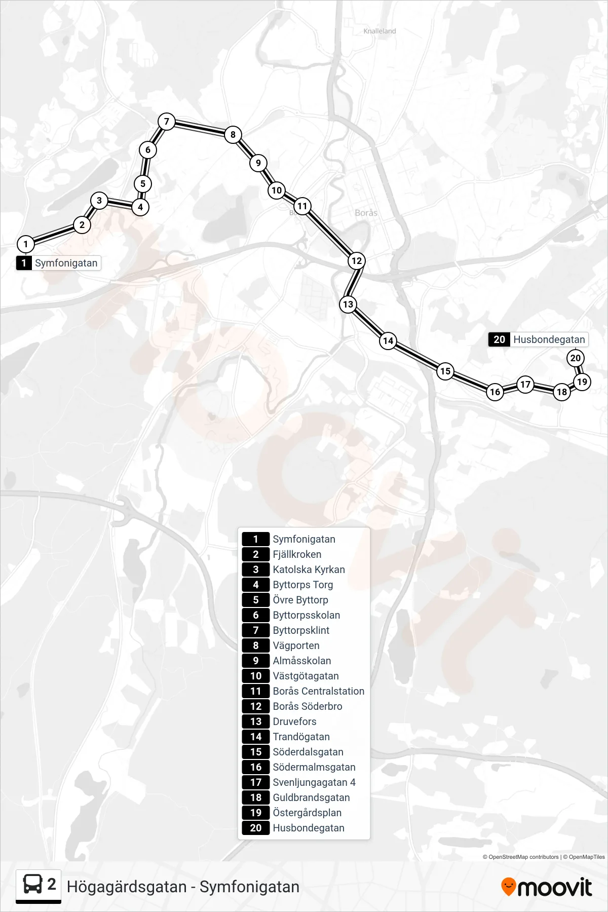 Rutt och hållplatser på karta för linje 2 spårvagn, (Husbondegatan)
