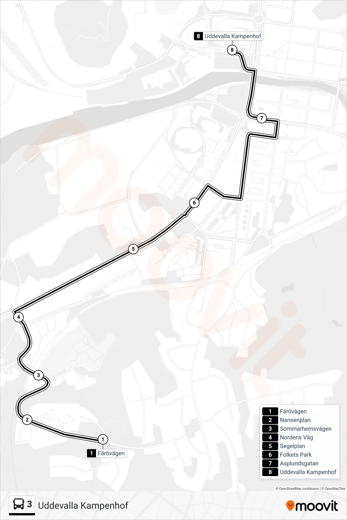 Rutt och hållplatser på karta för linje 3  spårvagn, (Uddevalla Kampenhof)