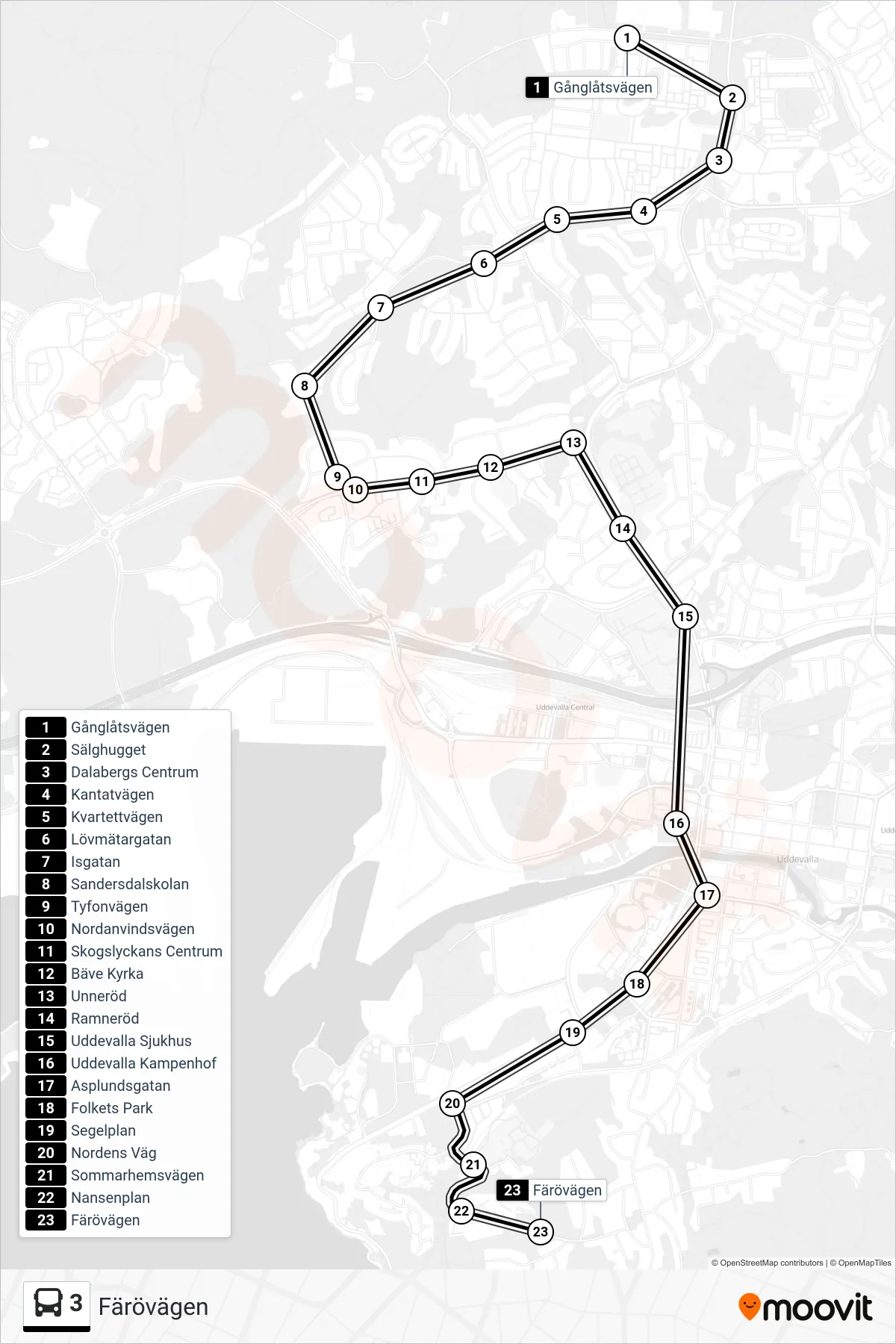 Rutt och hållplatser på karta för linje 3 spårvagn, (Färövägen)