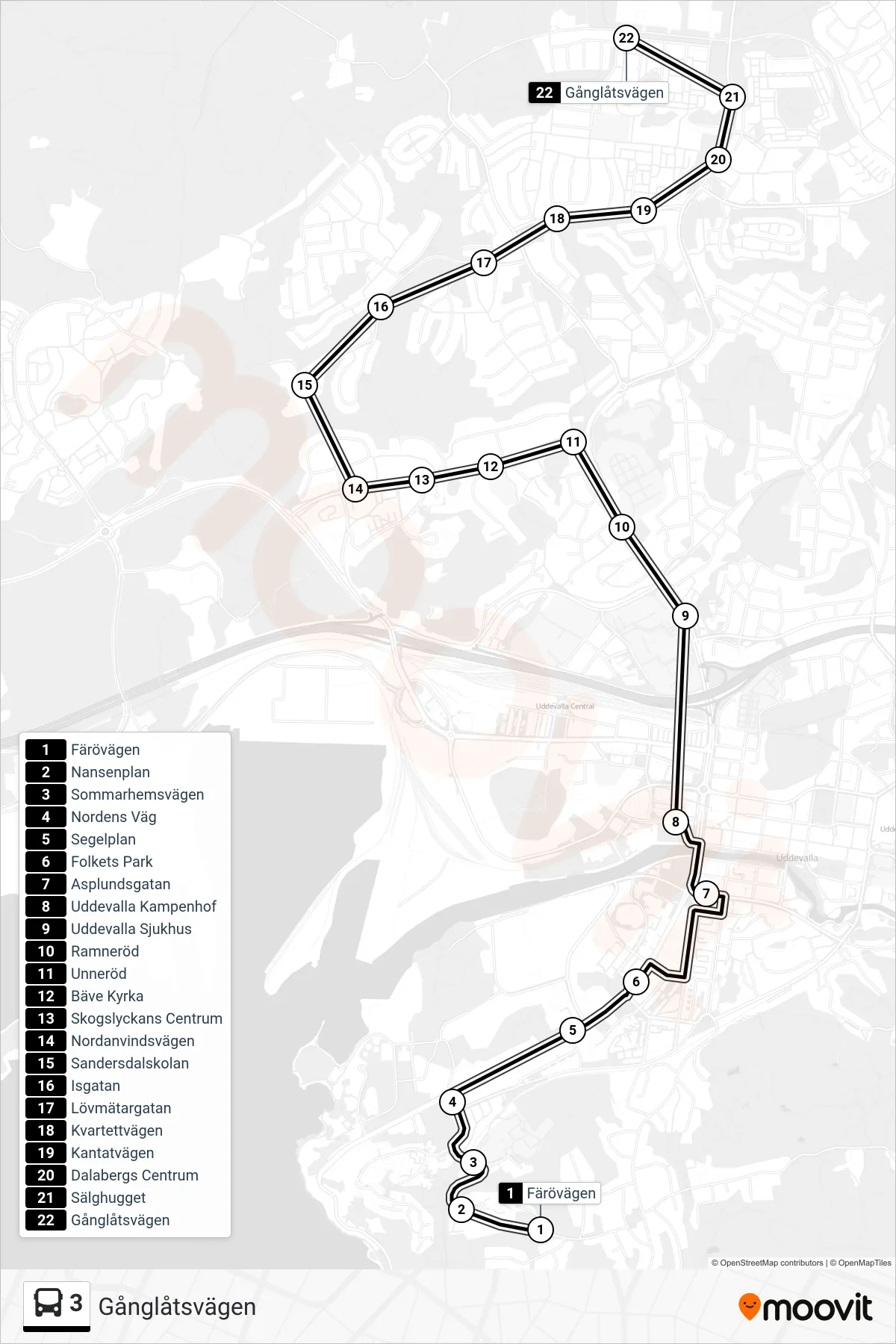 Rutt och hållplatser på karta för linje 3 spårvagn, (Gånglåtsvägen)