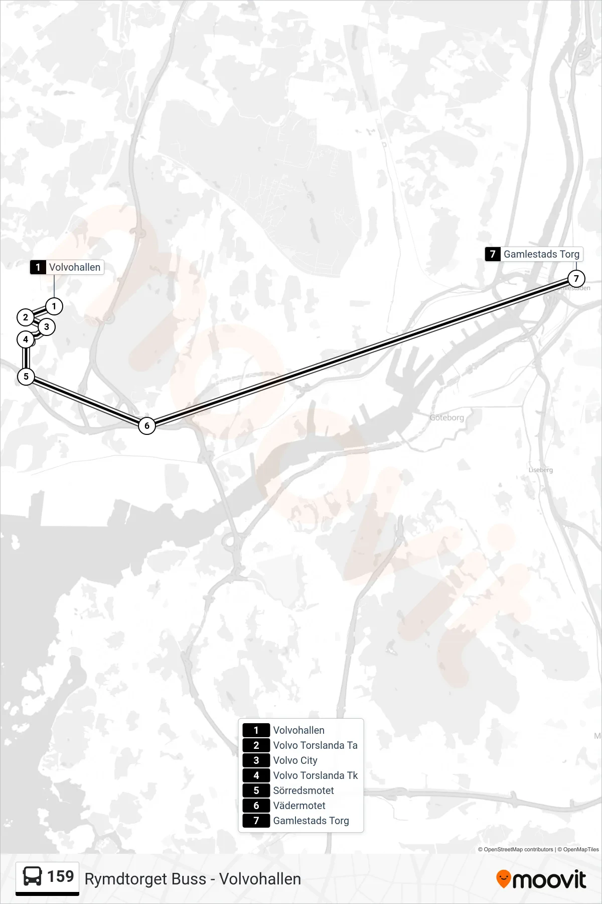 Rutt och hållplatser på karta för linje 159 spårvagn, (Gamlestads Torg)