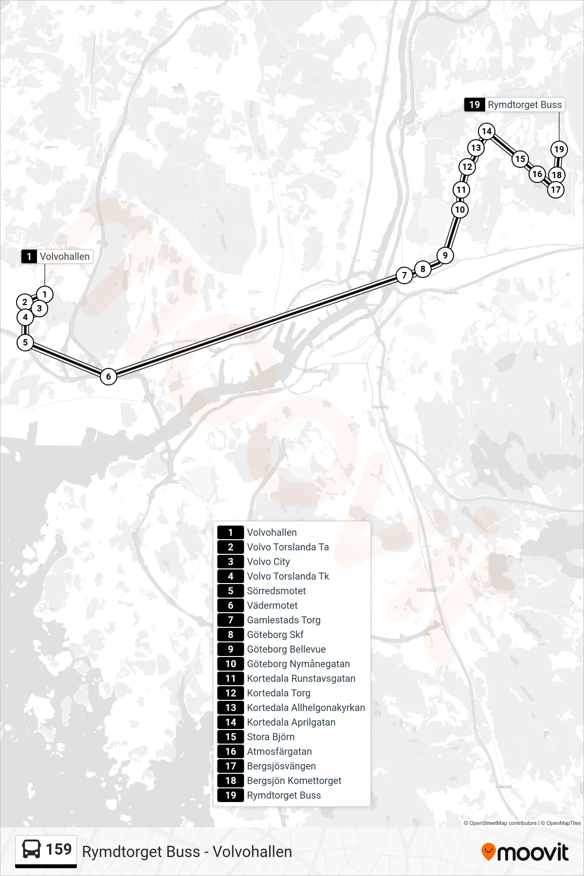 Rutt och hållplatser på karta för linje 159 spårvagn, (Rymdtorget Buss)