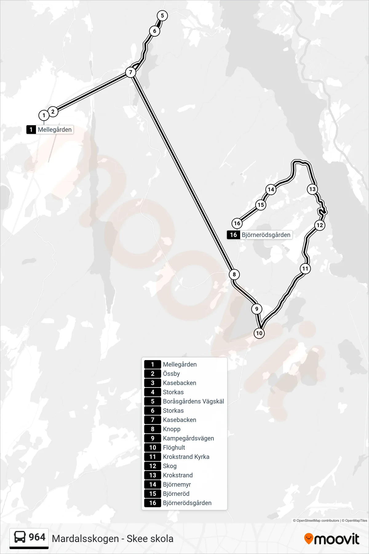 Rutt och hållplatser på karta för linje 964 spårvagn, (Björnerödsgården)