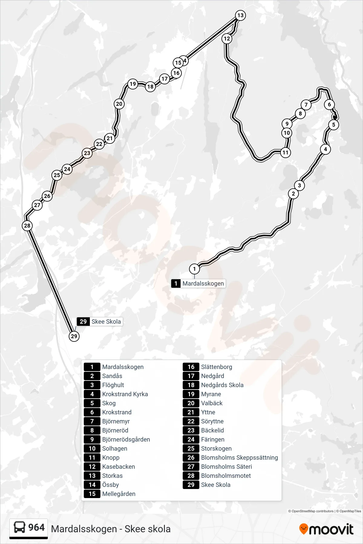 Rutt och hållplatser på karta för linje 964 spårvagn, (Skee Skola)