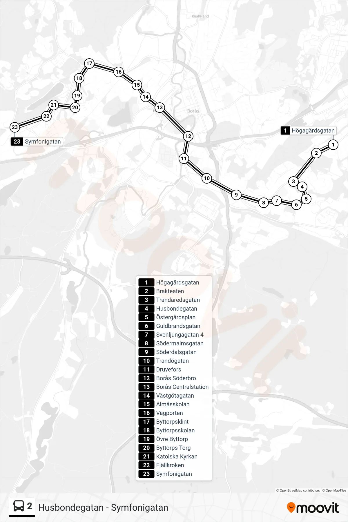 Rutt och hållplatser på karta för linje 2  buss, (Symfonigatan)
