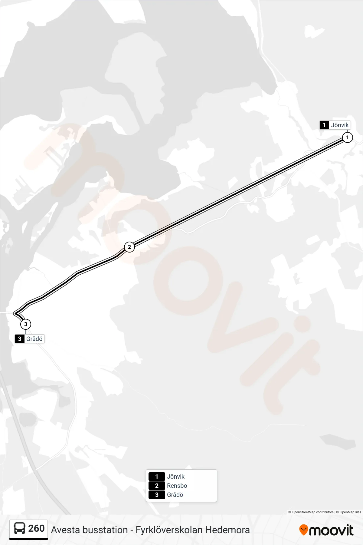 Rutt och hållplatser på karta för linje 260 spårvagn, (Grådö)
