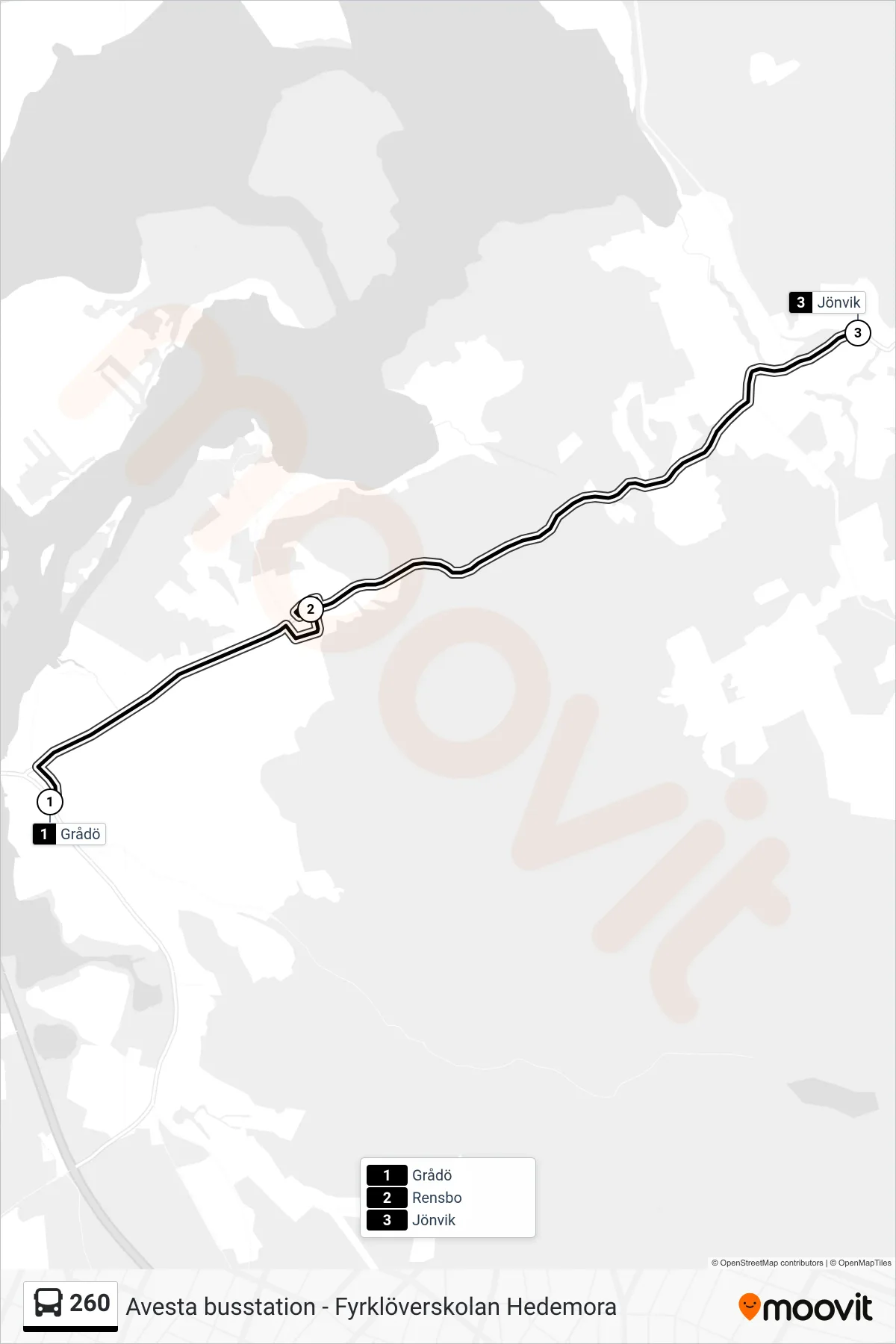 Rutt och hållplatser på karta för linje 260 spårvagn, (Jönvik)