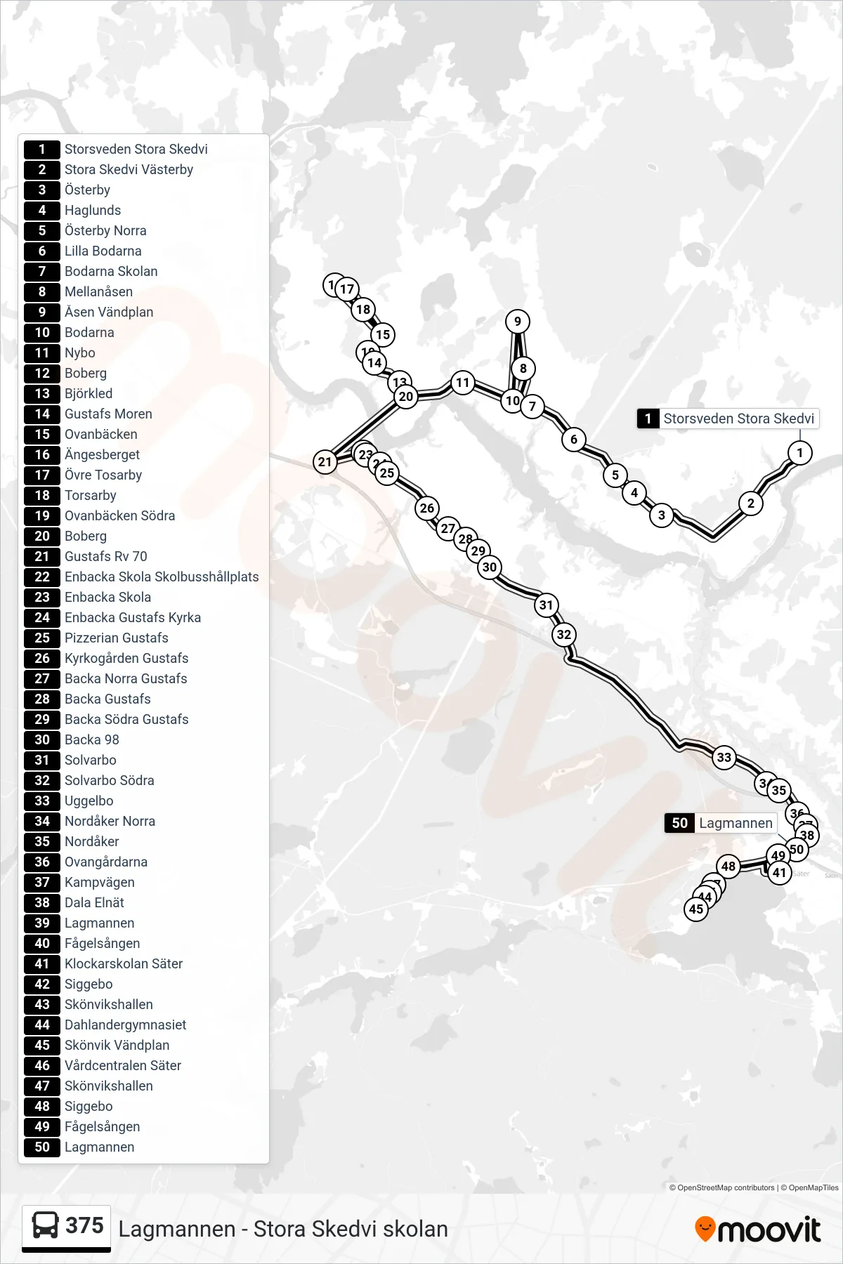 Rutt och hållplatser på karta för linje 375 spårvagn, (Lagmannen)