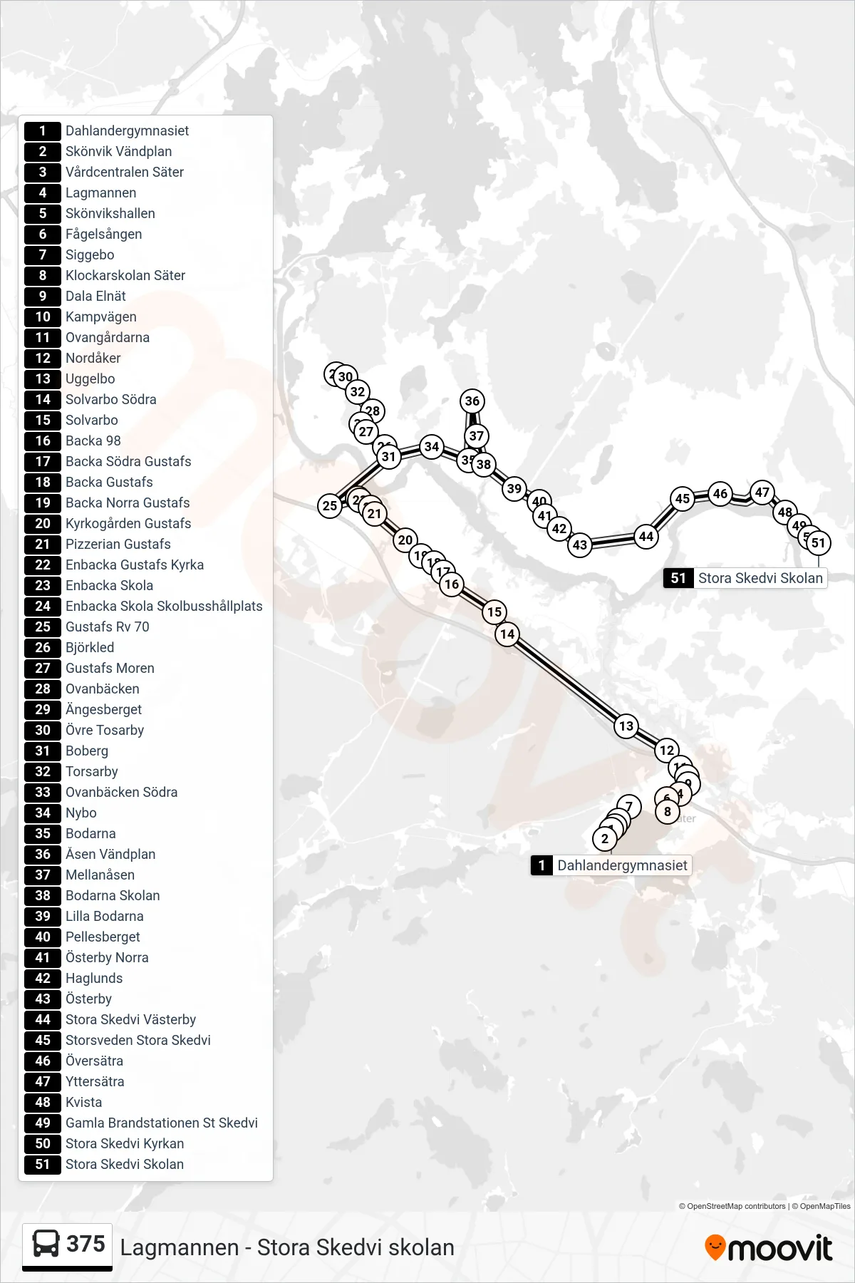 Rutt och hållplatser på karta för linje 375  spårvagn, (Stora Skedvi Skolan)