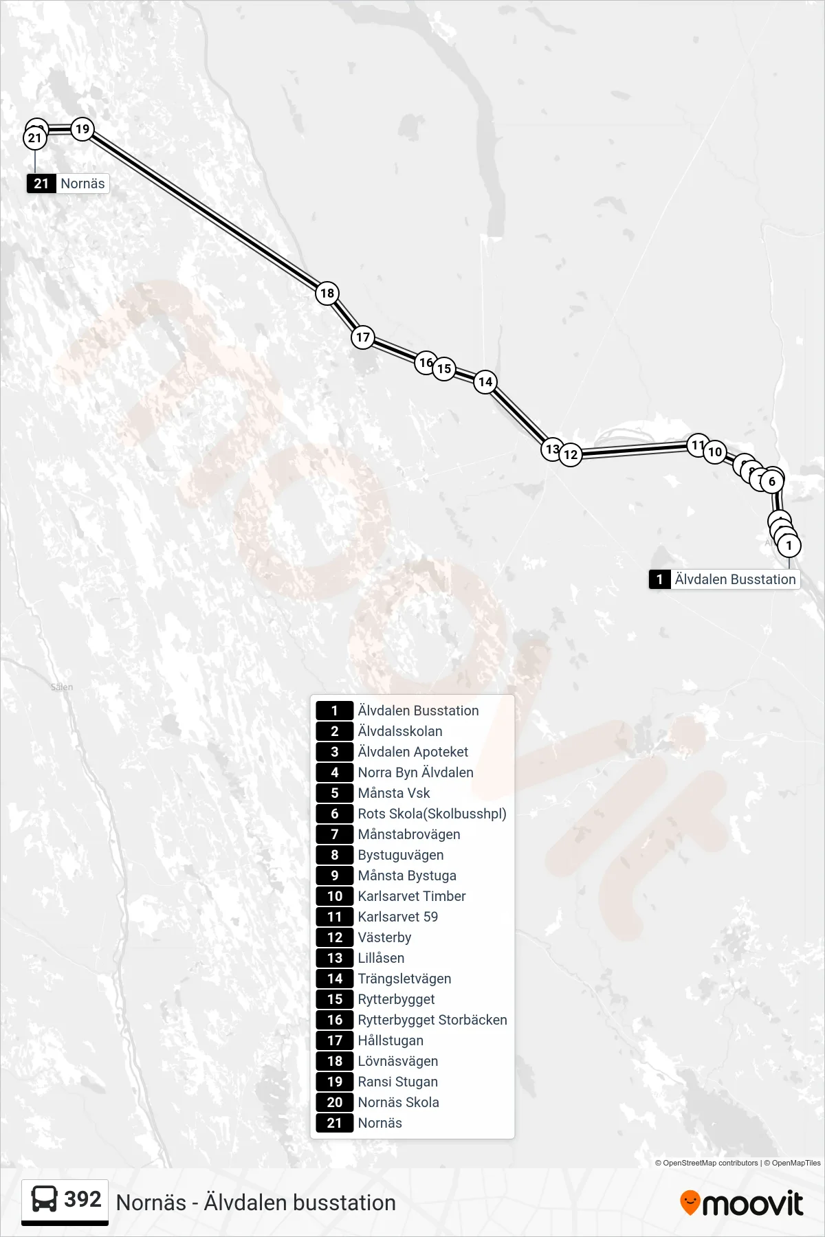 Rutt och hållplatser på karta för linje 392 spårvagn, (Nornäs)