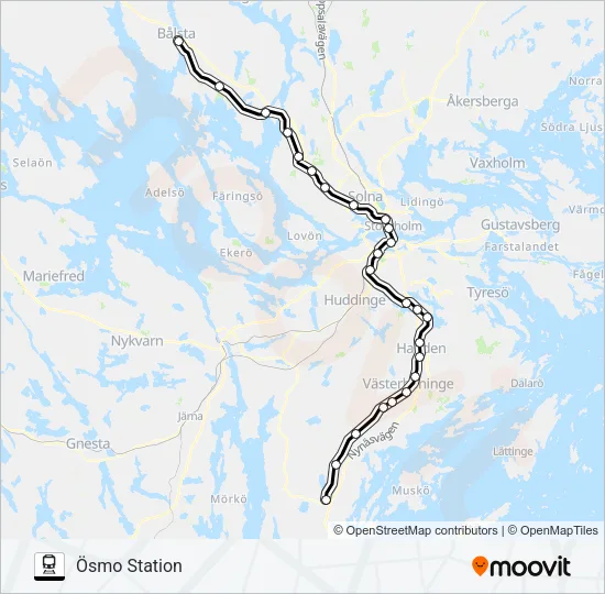 BÅLSTA STATION - NYNÄSHAMN STATION tåg Linje karta