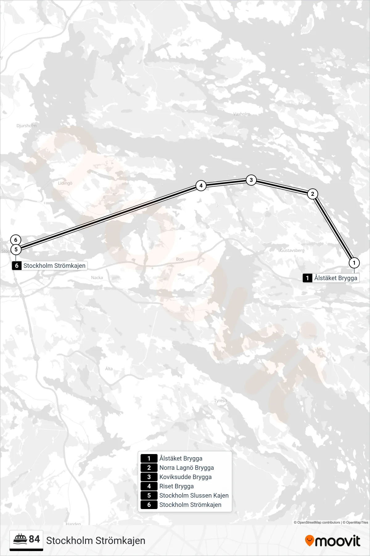 Rutt och hållplatser på karta för linje 84 färja, (Stockholm Strömkajen)