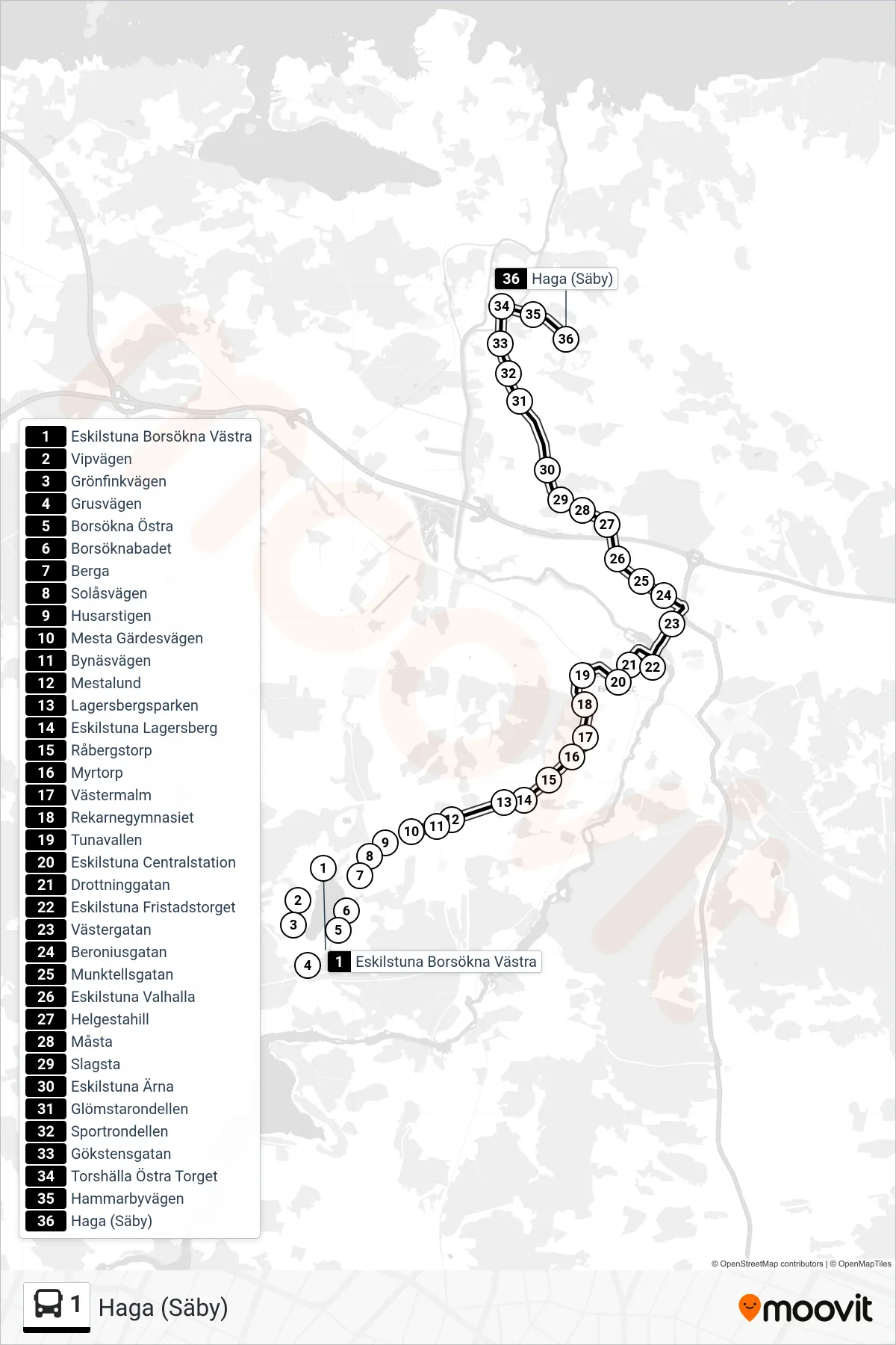 Rutt och hållplatser på karta för linje 1 buss, (Haga (Säby))