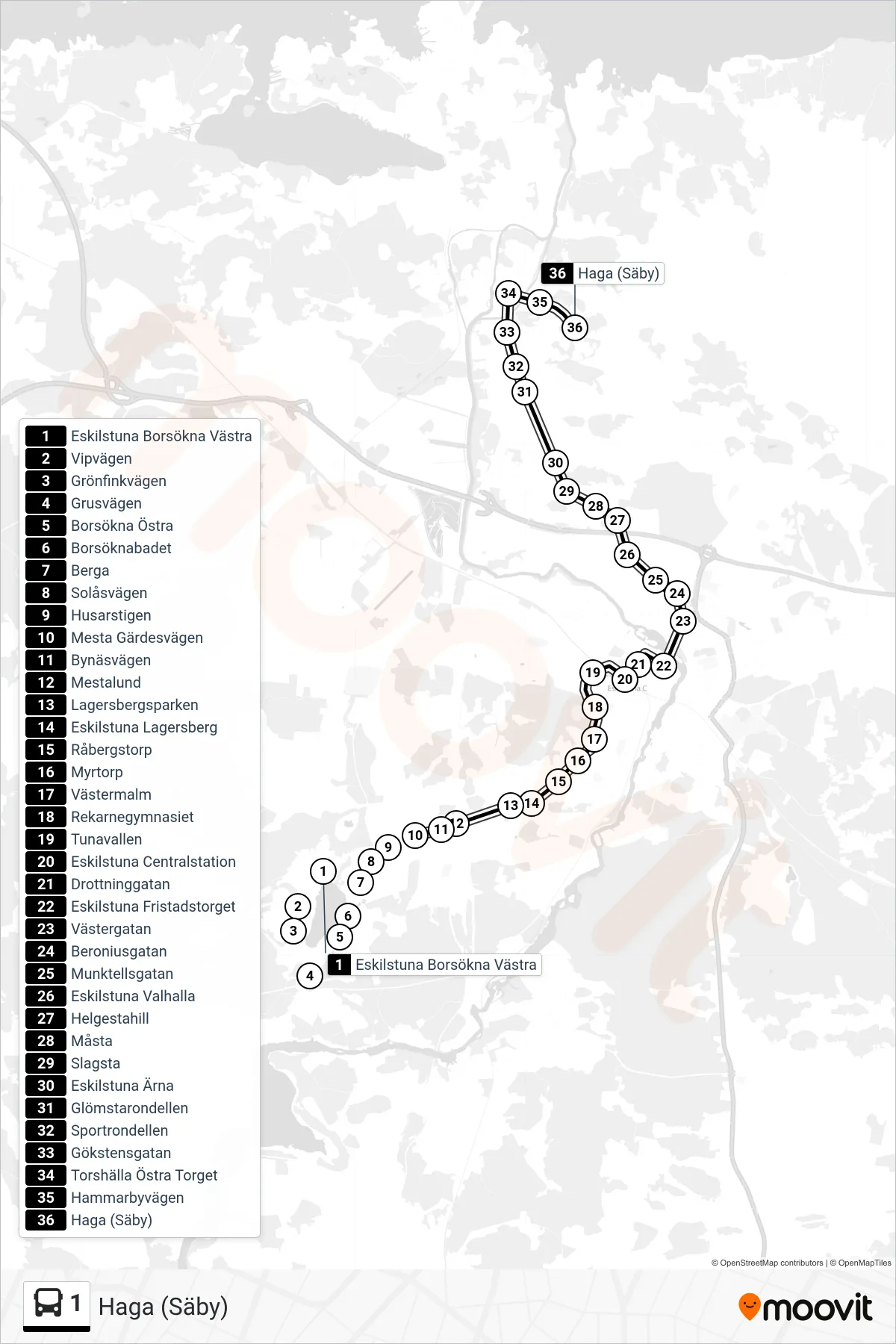 Rutt och hållplatser på karta för linje 1  spårvagn, (Haga (Säby))