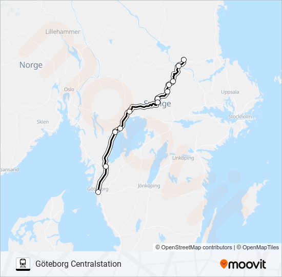 FALUN CENTRALSTATION - GÖTEBORG CENTRALSTATION tåg Linje karta