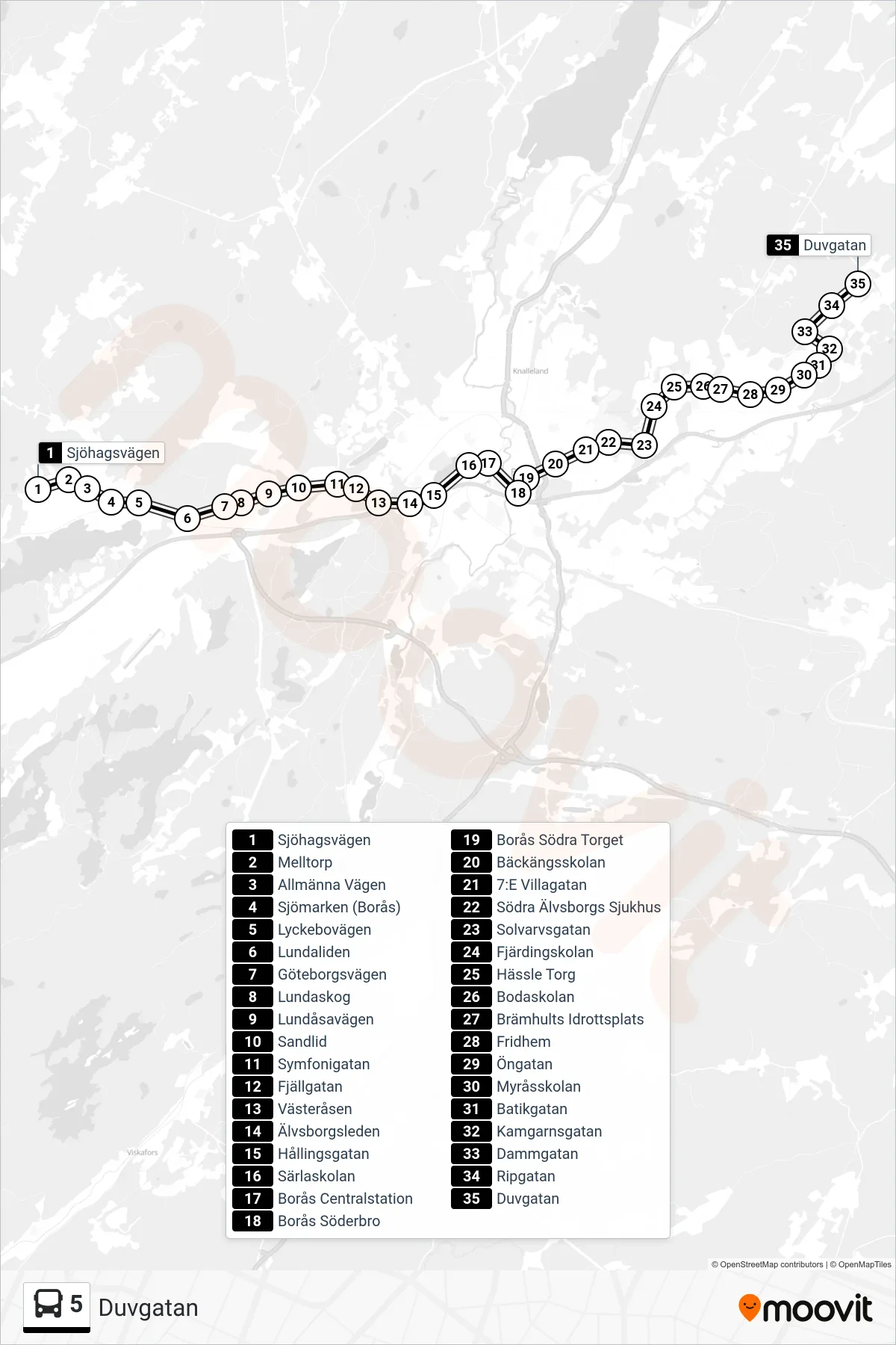 Rutt och hållplatser på karta för linje 5  spårvagn, (Duvgatan)