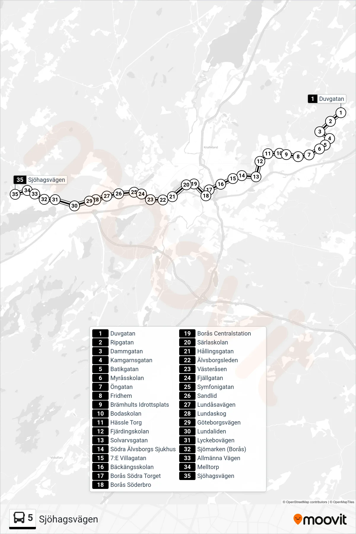 Rutt och hållplatser på karta för linje 5  spårvagn, (Sjöhagsvägen)