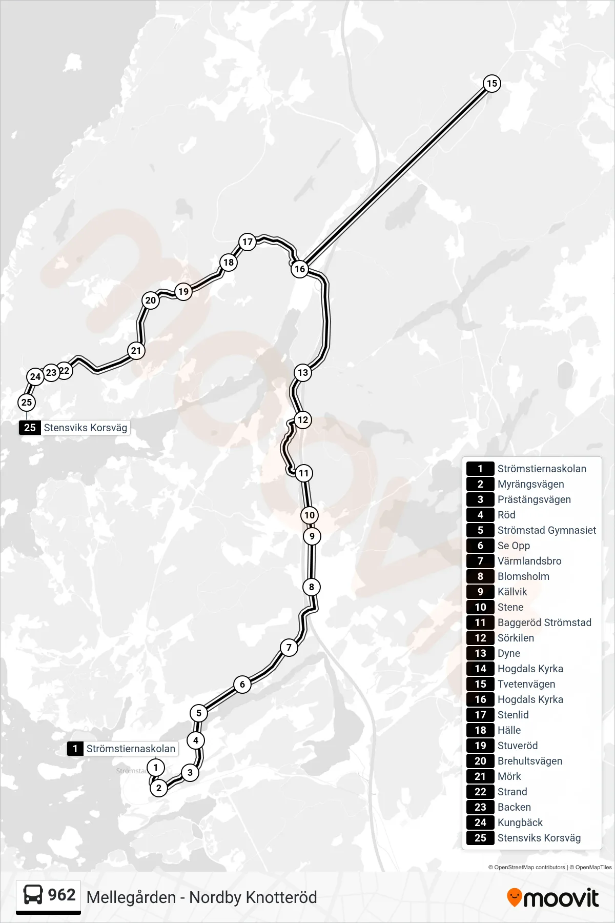 Rutt och hållplatser på karta för linje 962 spårvagn, (Stensviks Korsväg)