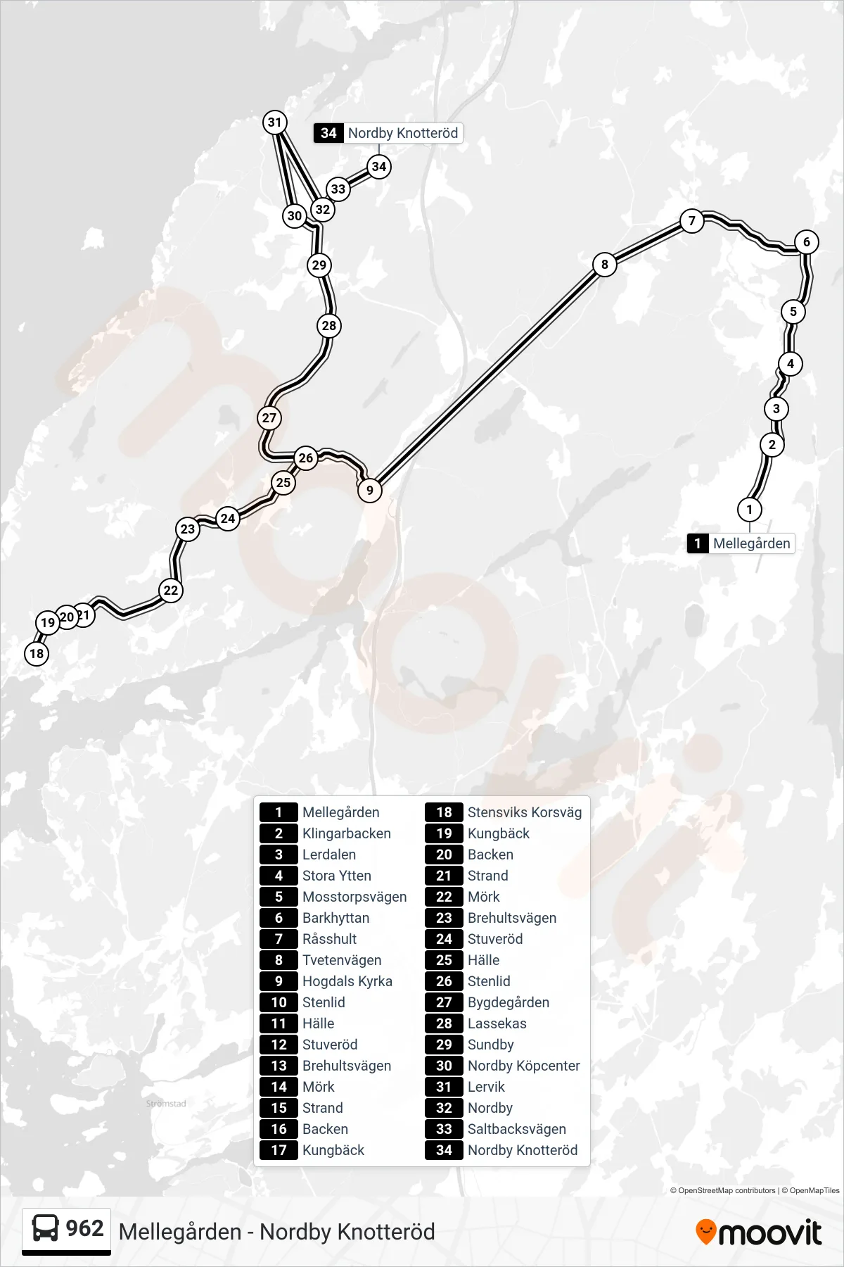Rutt och hållplatser på karta för linje 962  spårvagn, (Nordby Knotteröd)