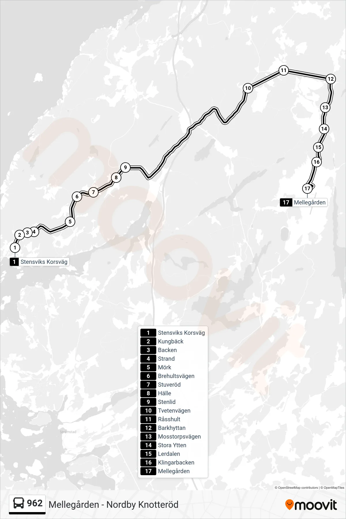 Rutt och hållplatser på karta för linje 962 spårvagn, (Mellegården)