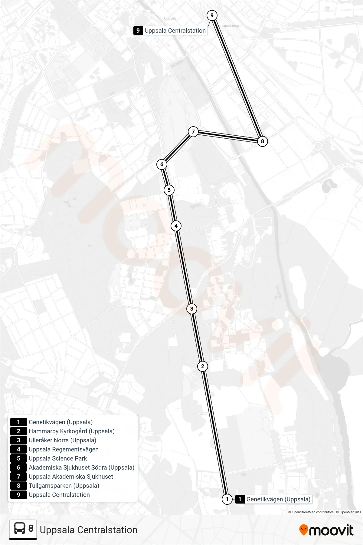 Rutt och hållplatser på karta för linje 8  spårvagn, (Uppsala Centralstation)