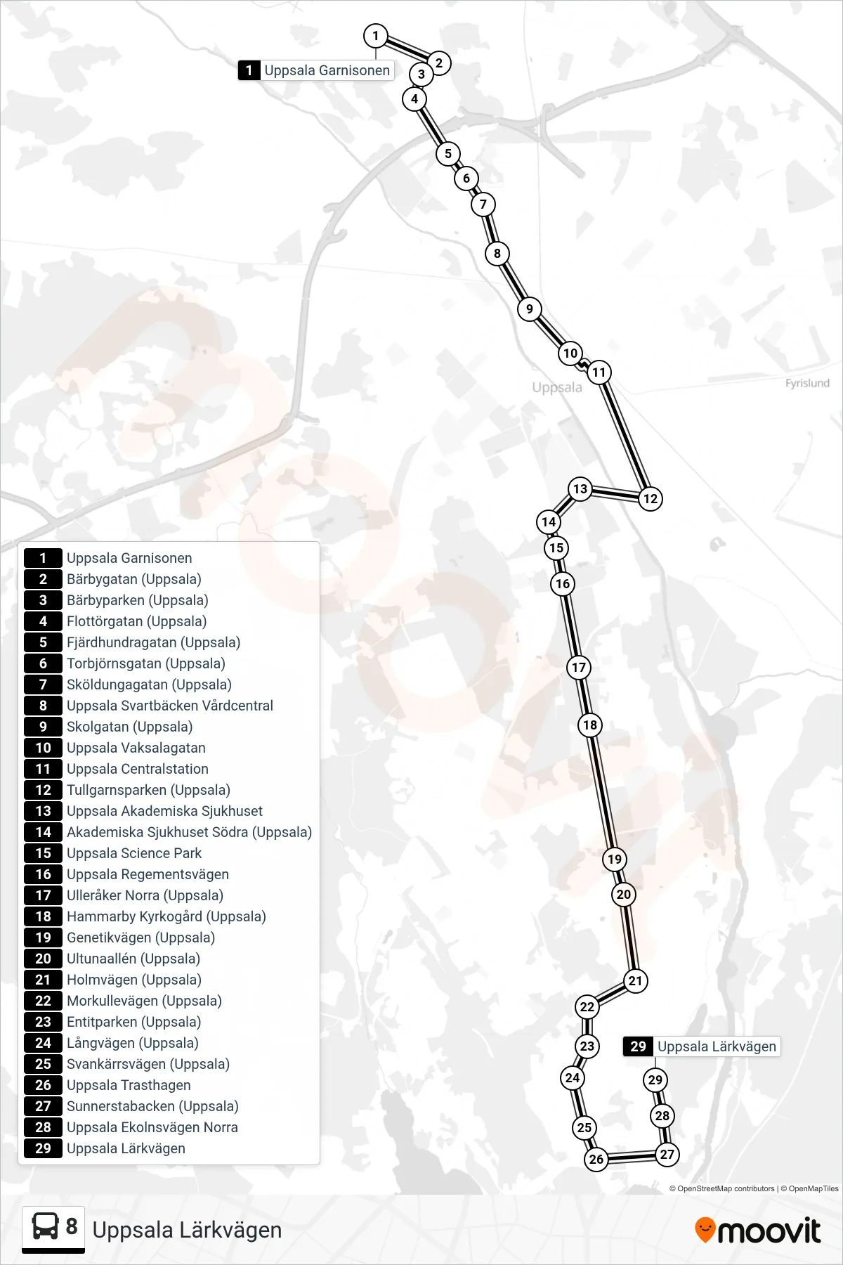 Rutt och hållplatser på karta för linje 8 spårvagn, (Uppsala Lärkvägen)