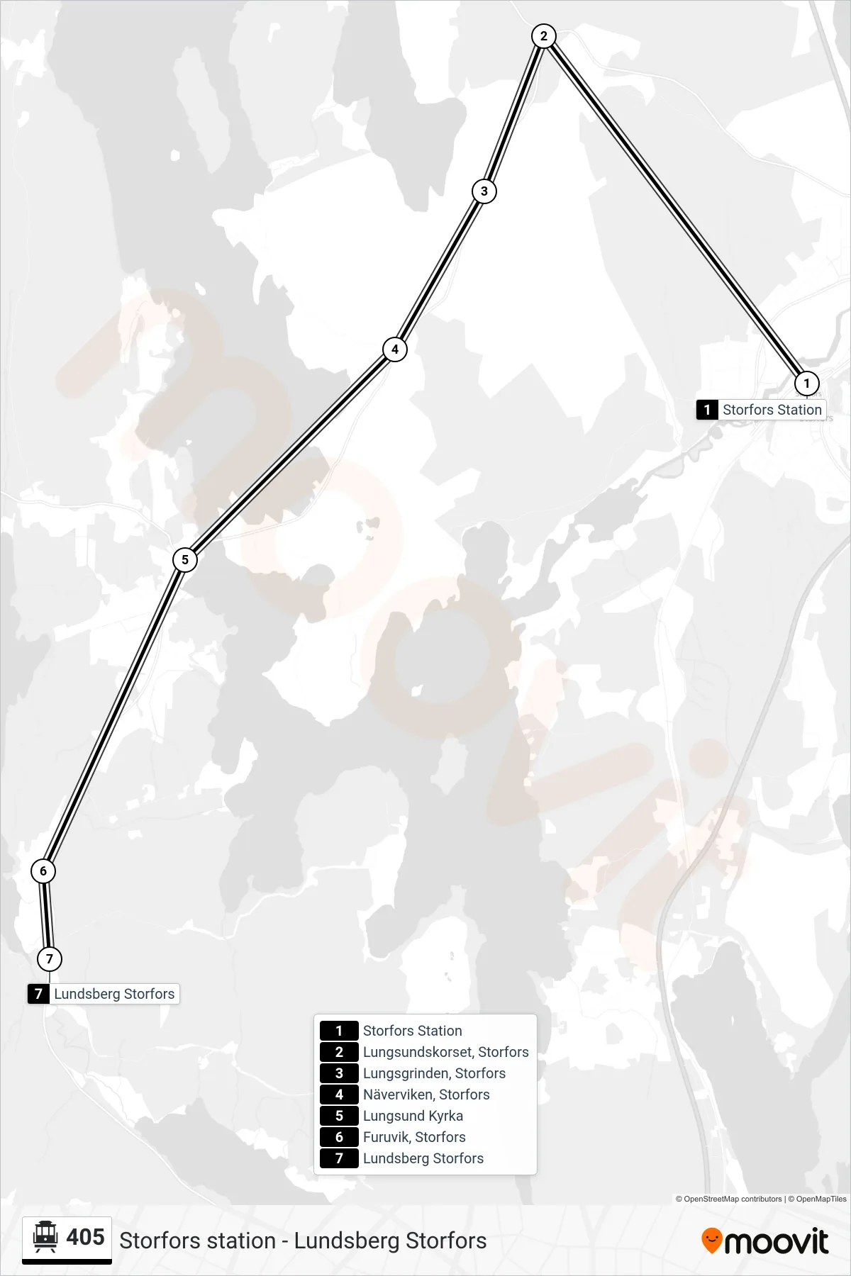 Rutt och hållplatser på karta för linje 405  spårvagn, (Lundsberg Storfors)
