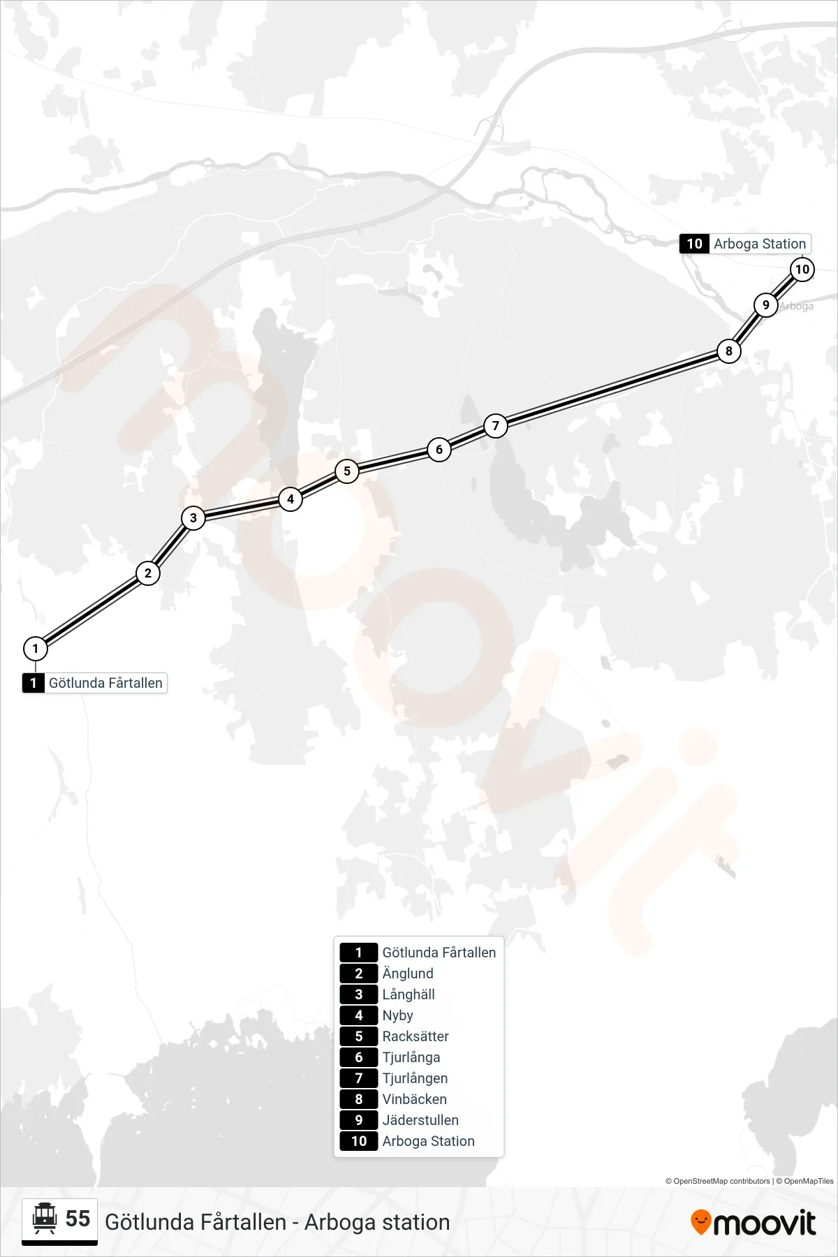 Rutt och hållplatser på karta för linje 55 spårvagn, (Arboga Station)