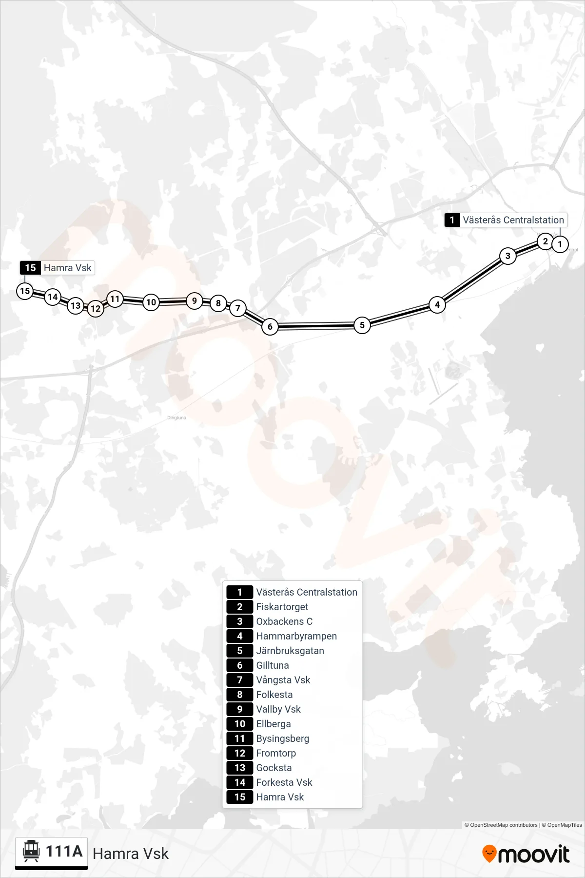 Rutt och hållplatser på karta för linje 111A spårvagn, (Hamra Vsk)