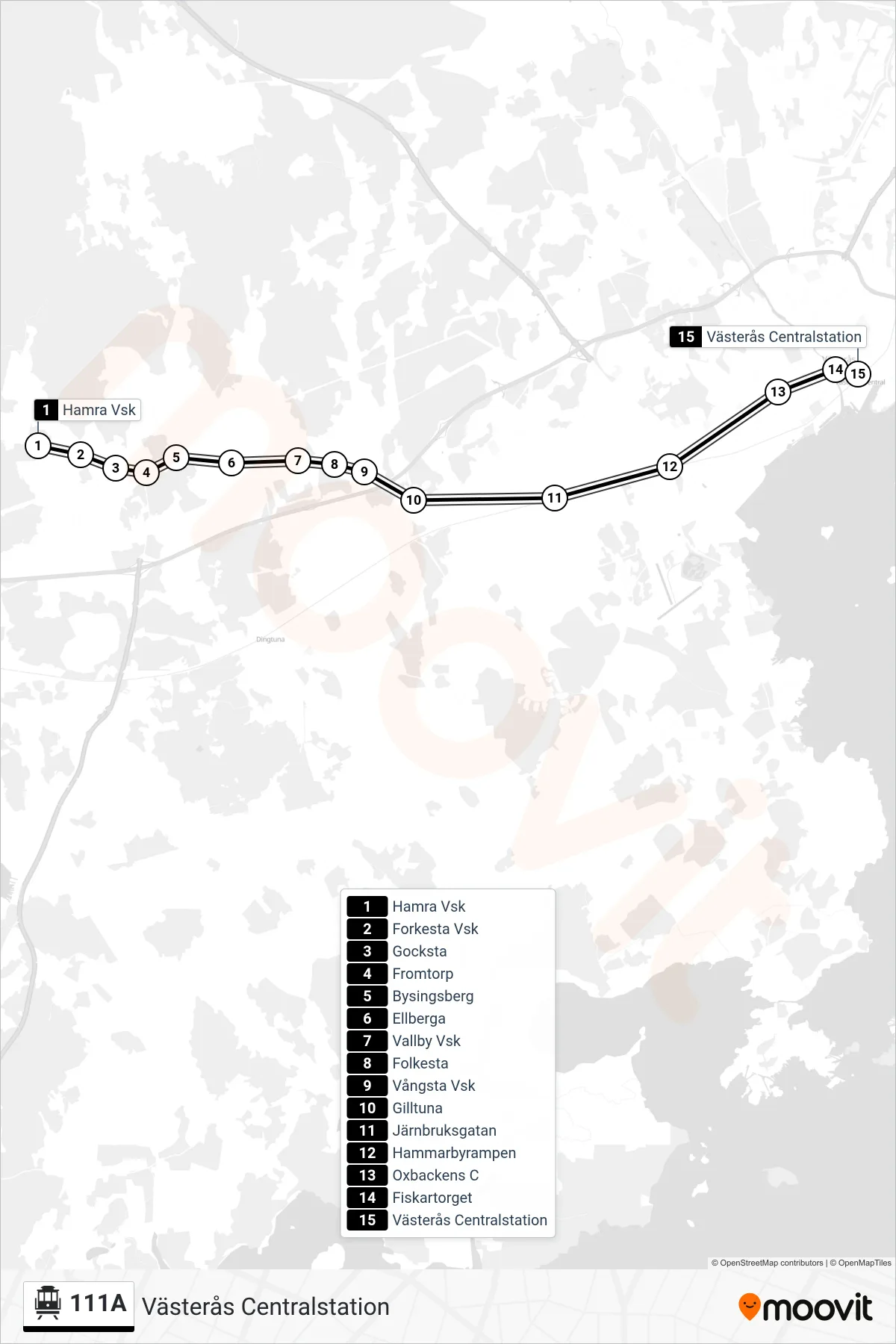 Rutt och hållplatser på karta för linje 111A spårvagn, (Västerås Centralstation)