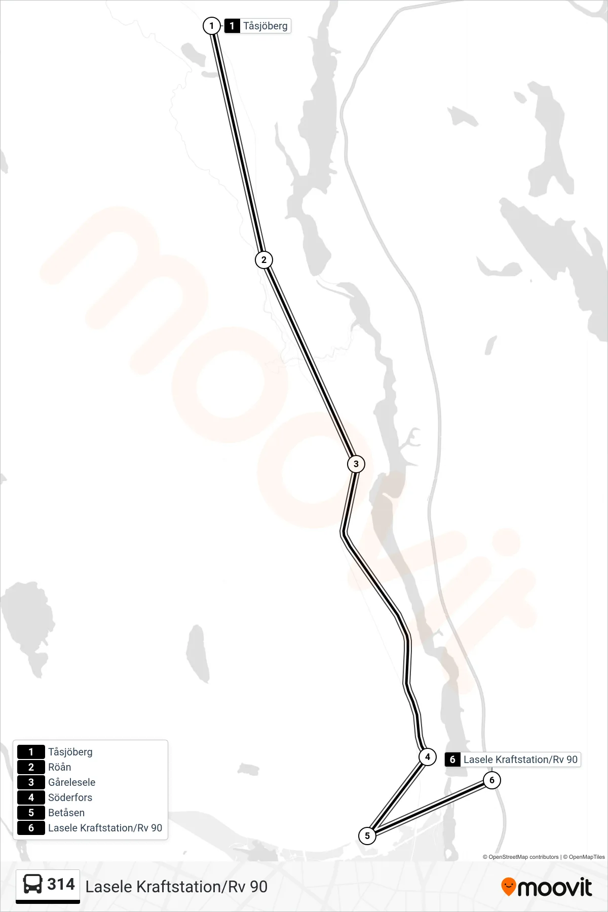 Rutt och hållplatser på karta för linje 314 spårvagn, (Lasele Kraftstation/Rv 90)