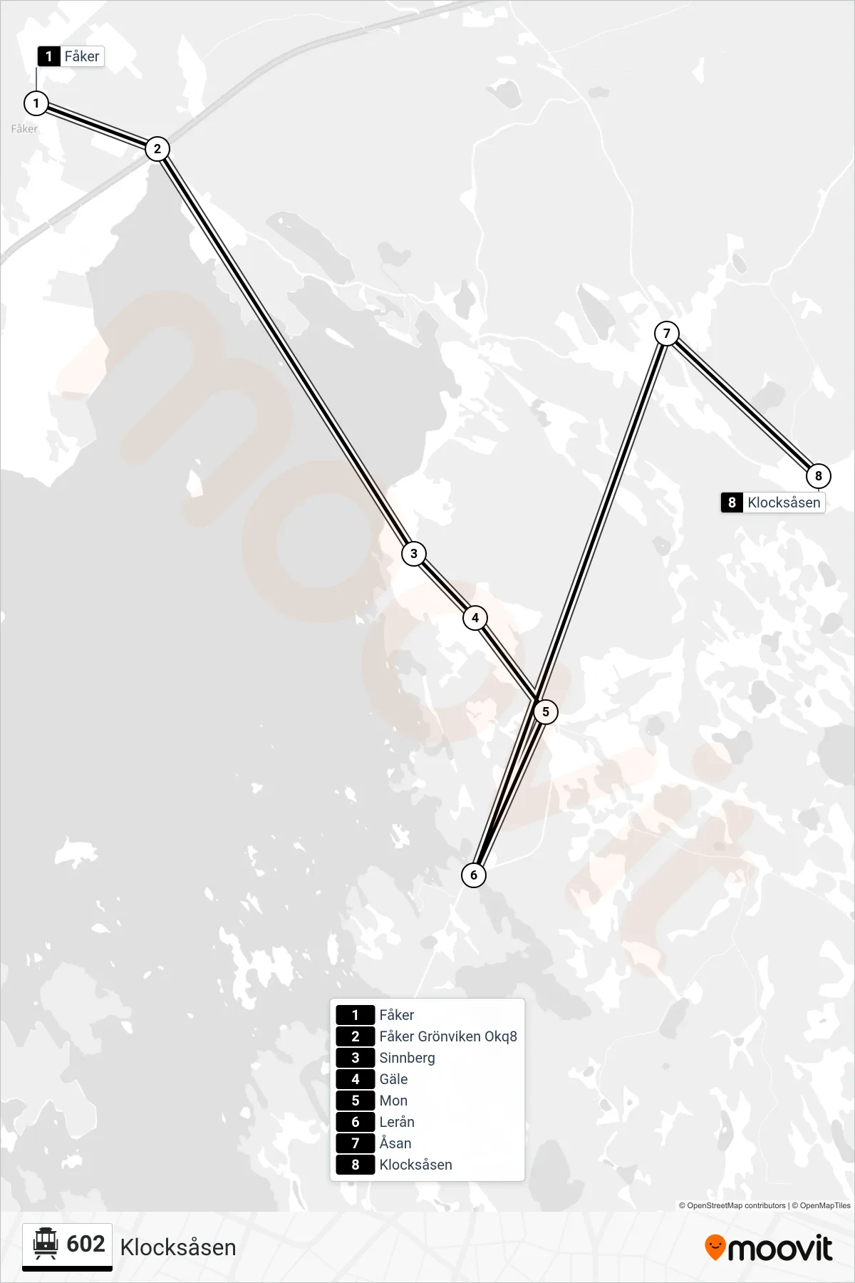 Rutt och hållplatser på karta för linje 602  spårvagn, (Klocksåsen)